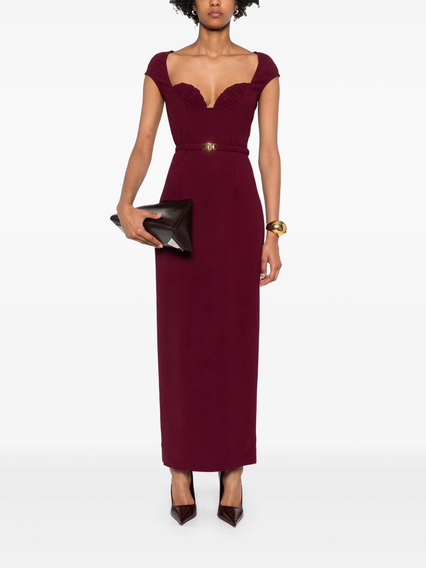 belted cap-sleeve maxi dress