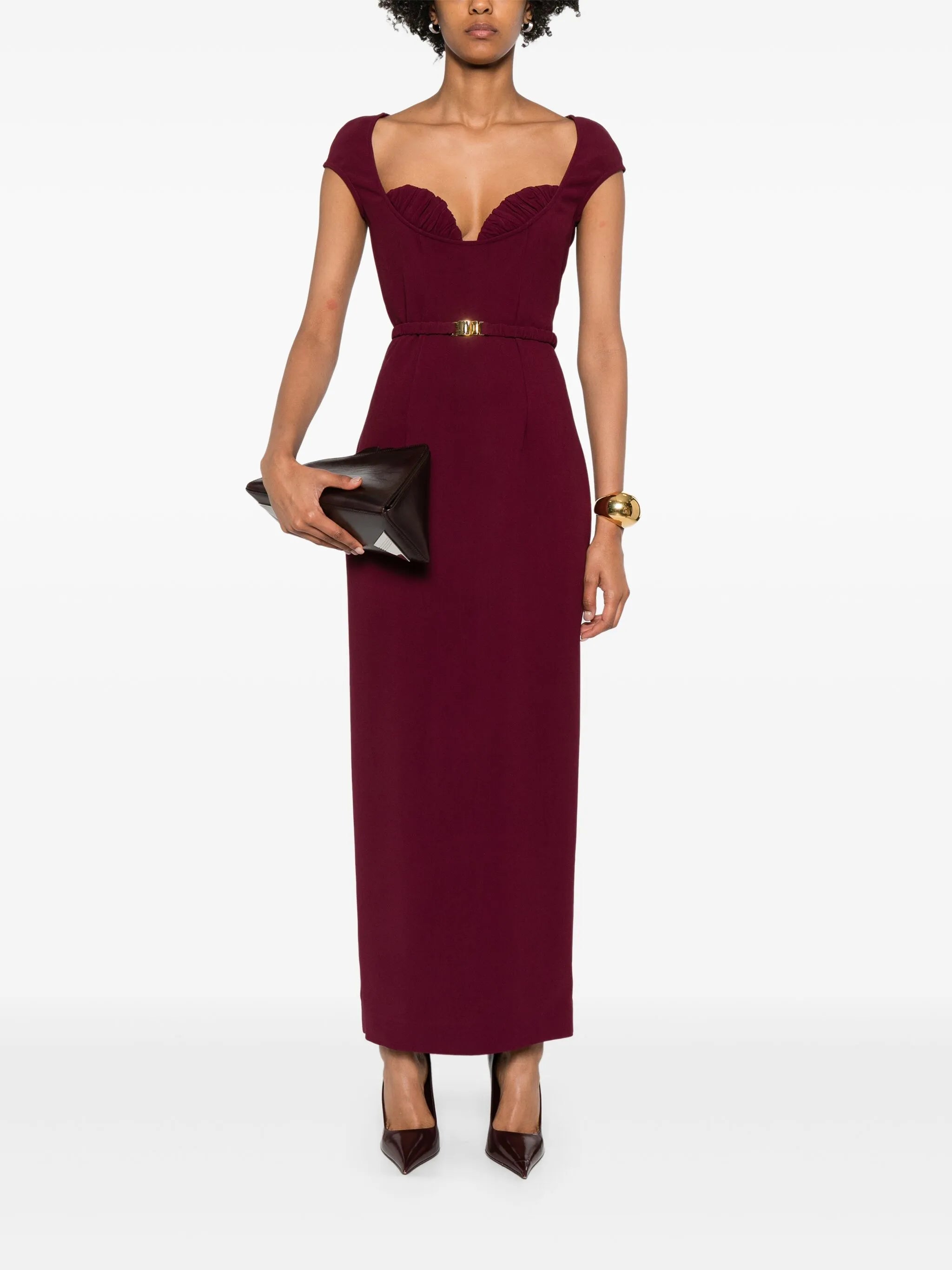 belted cap-sleeve maxi dress