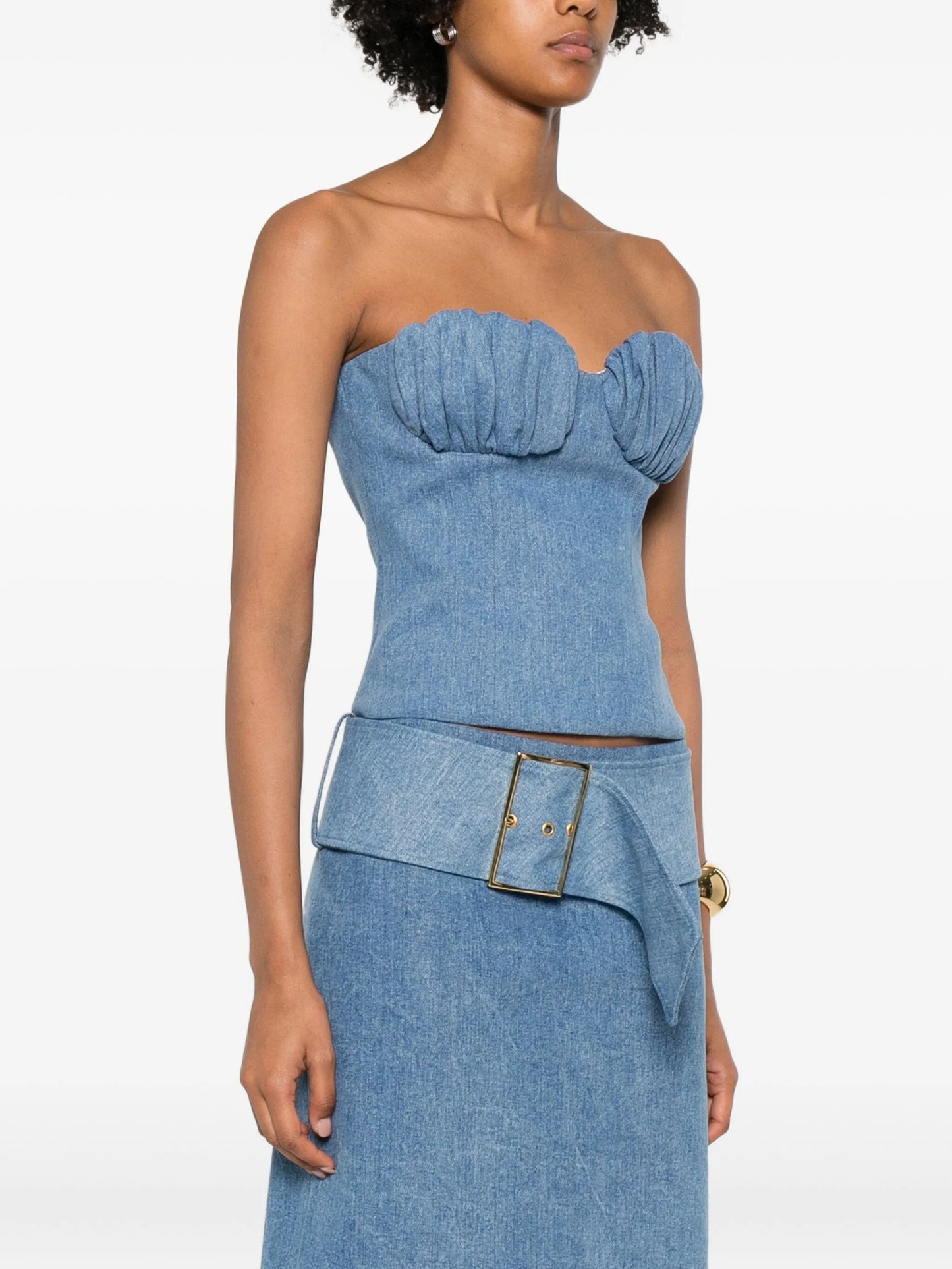 gathered-detail denim bustier top