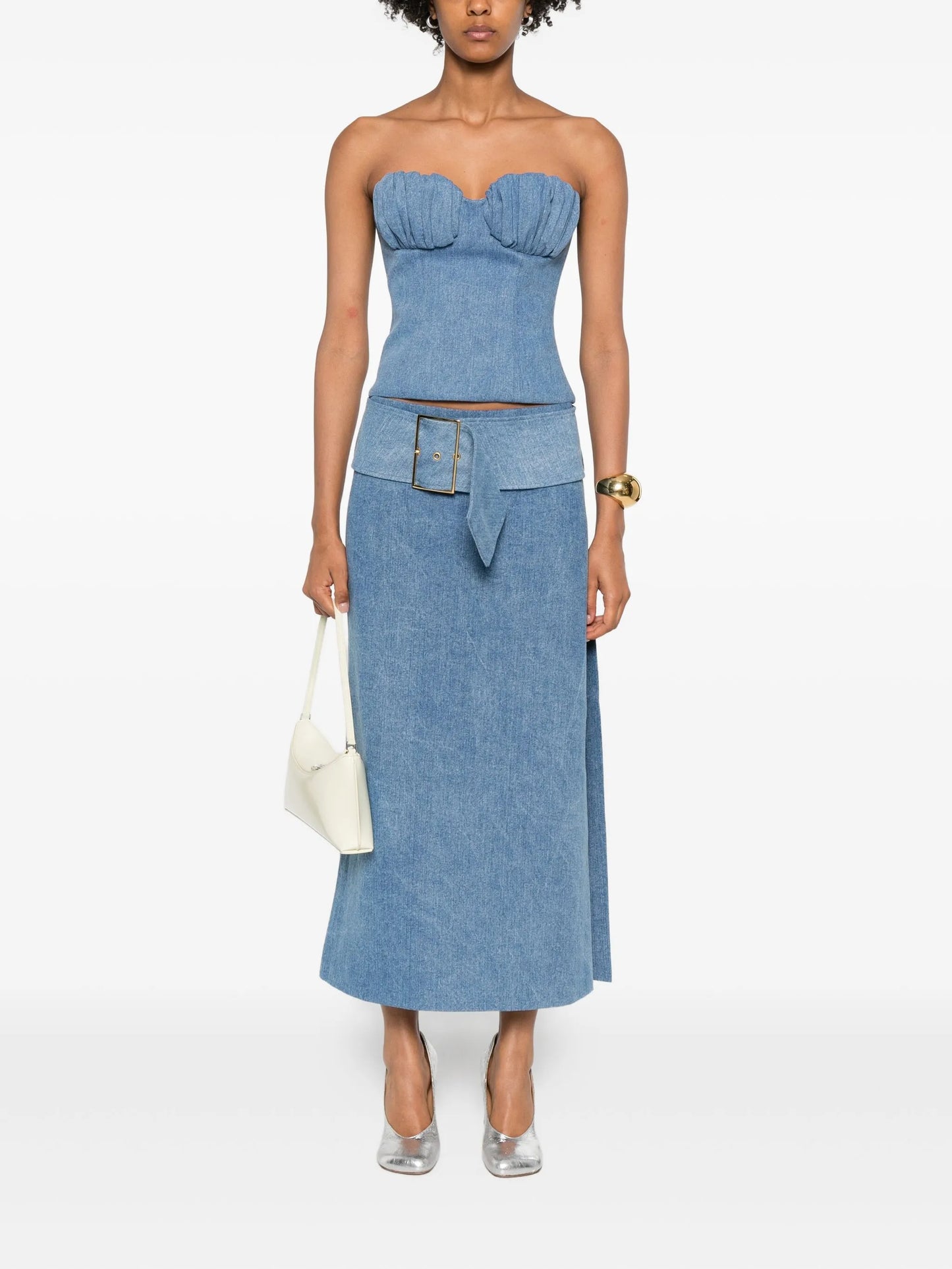 gathered-detail denim bustier top