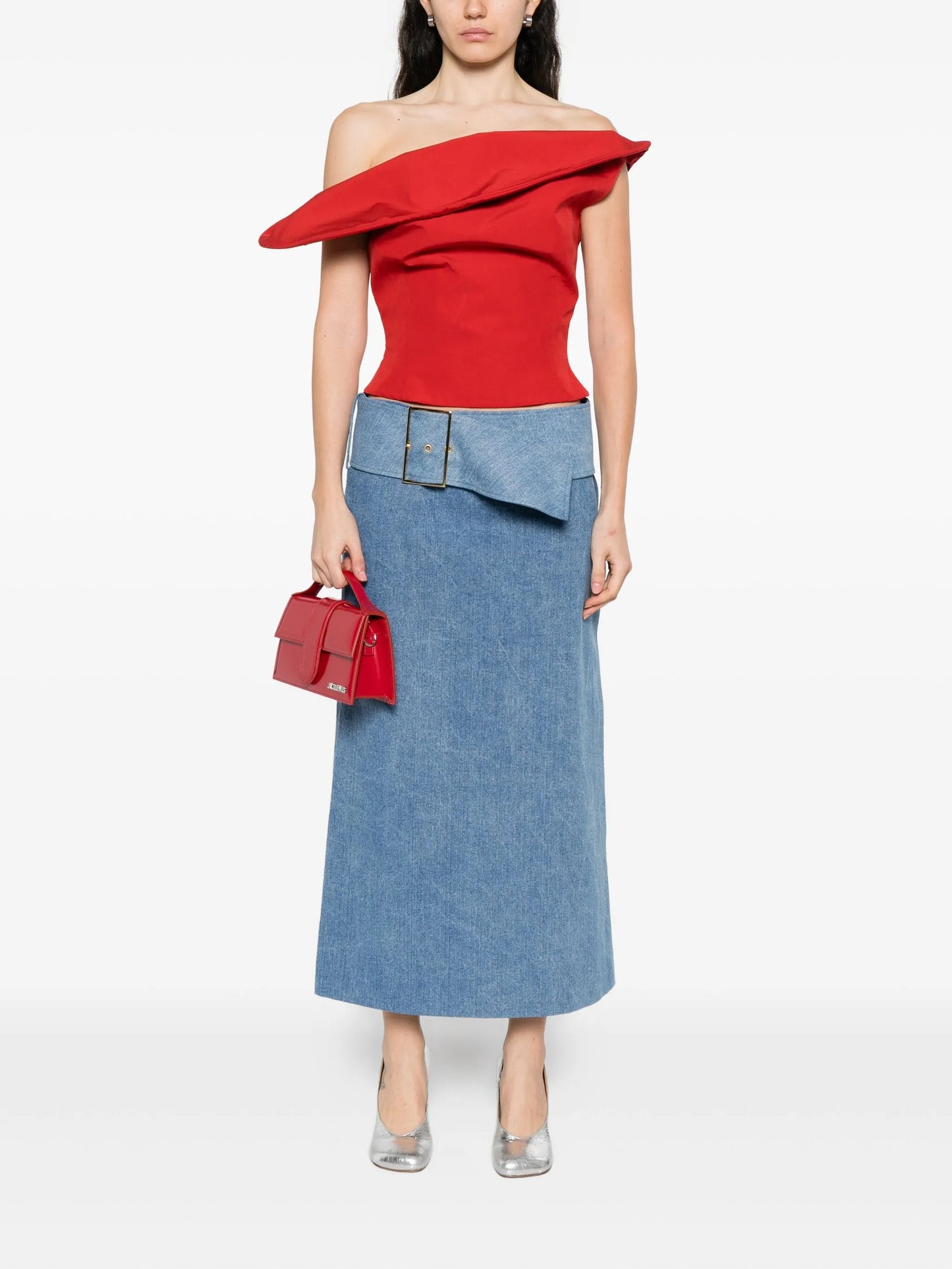belted denim midi skirt