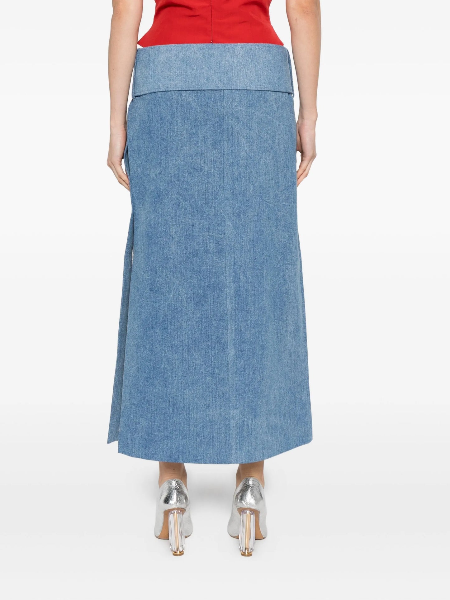 belted denim midi skirt