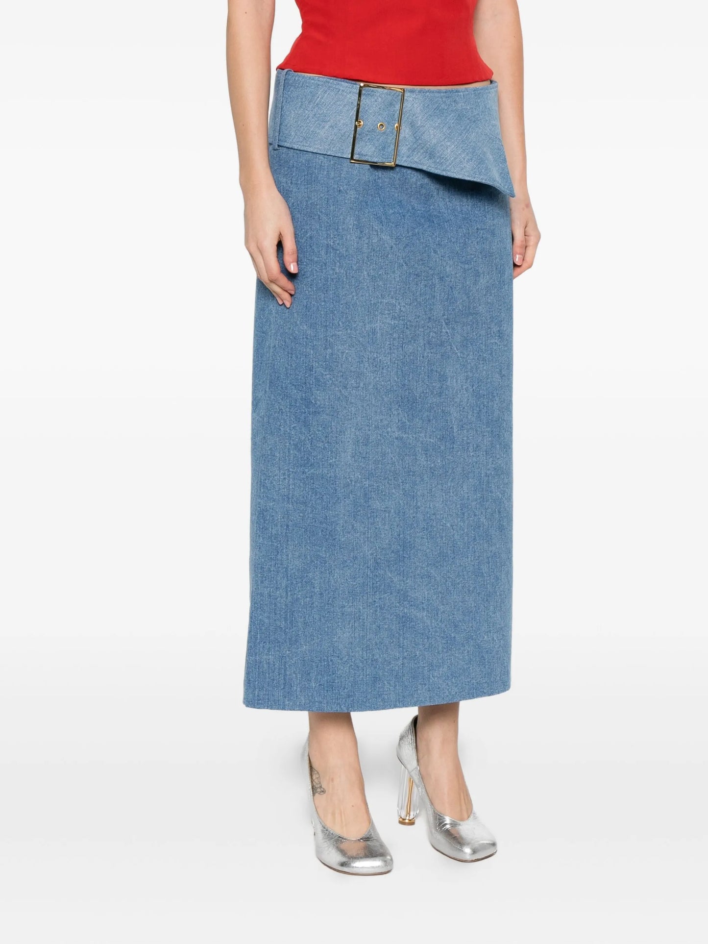 belted denim midi skirt
