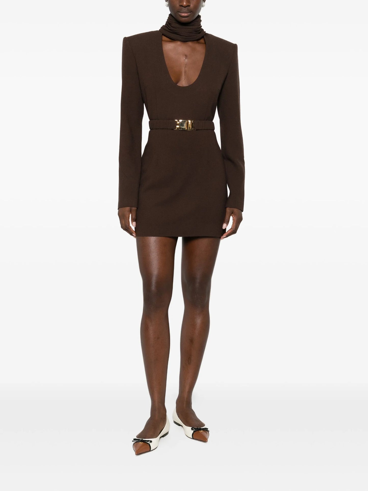 high-neck belted mini dress
