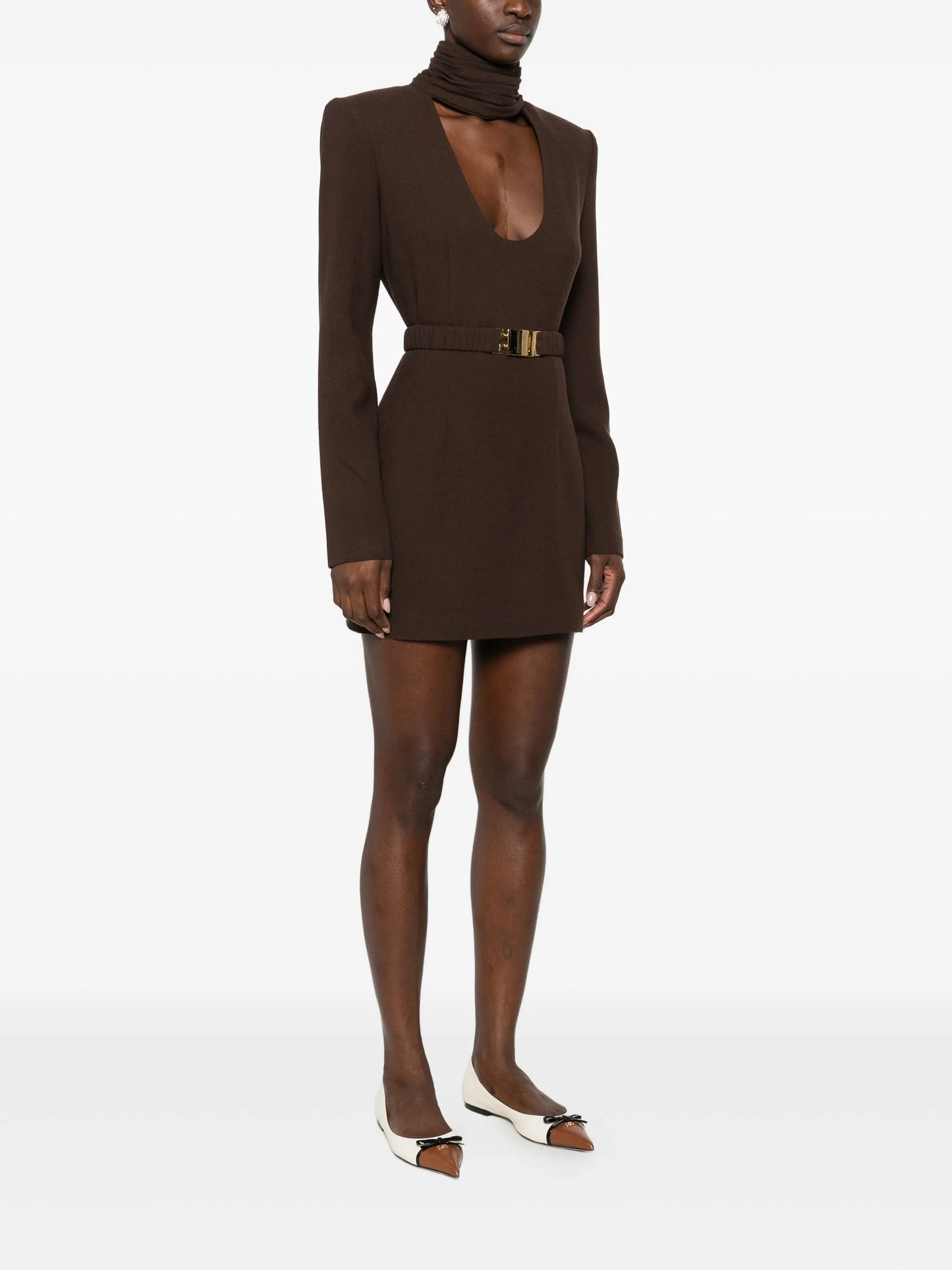 high-neck belted mini dress