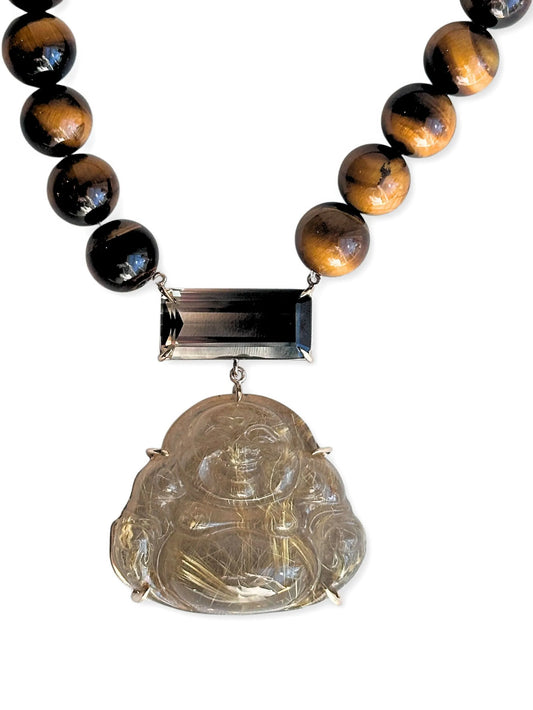 14K white gold Happy Buddha smoky quartz and tigers eye necklace