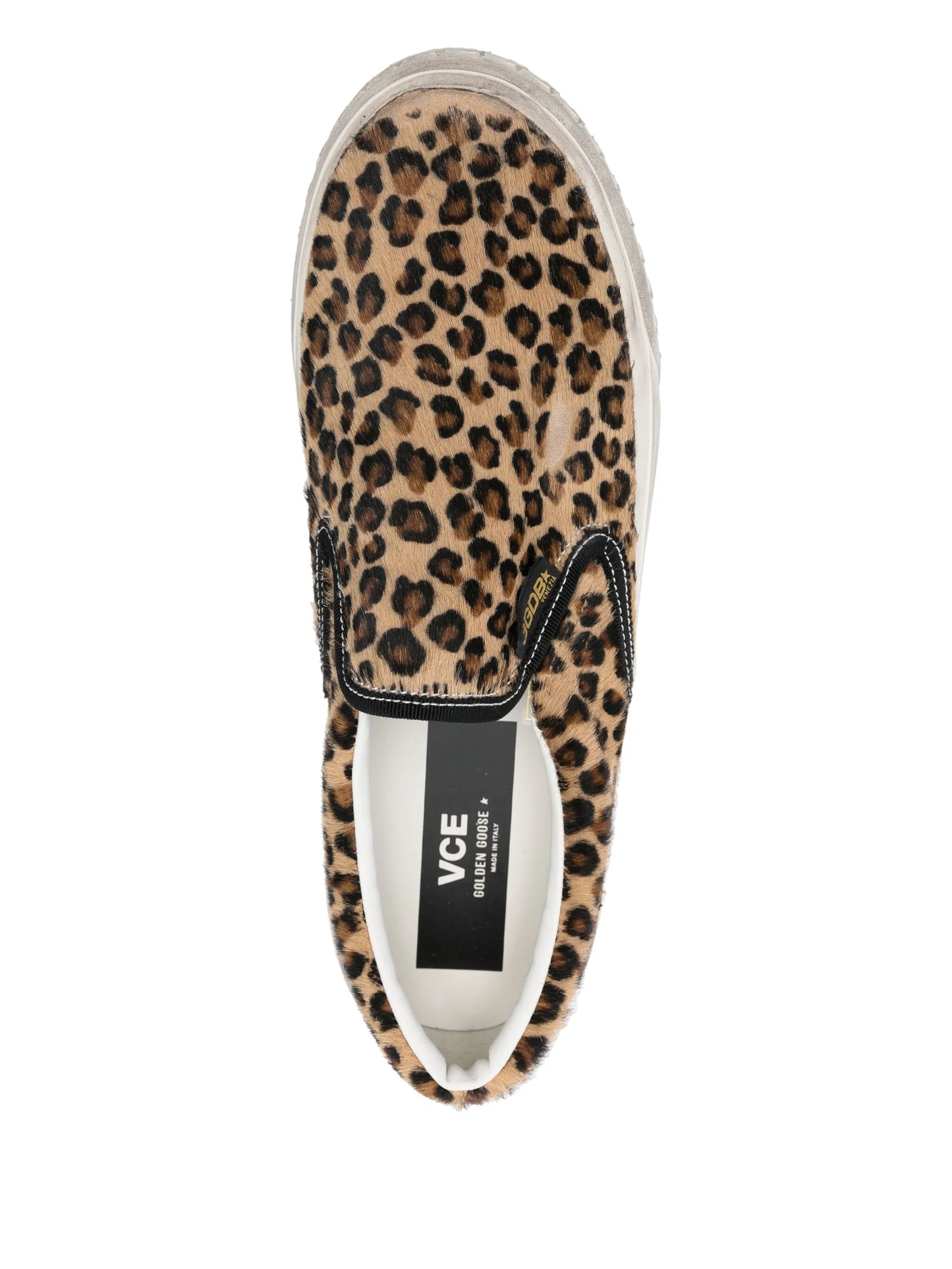 VCE Penstar trainers in leopard-print pony skin with black leather heels tab