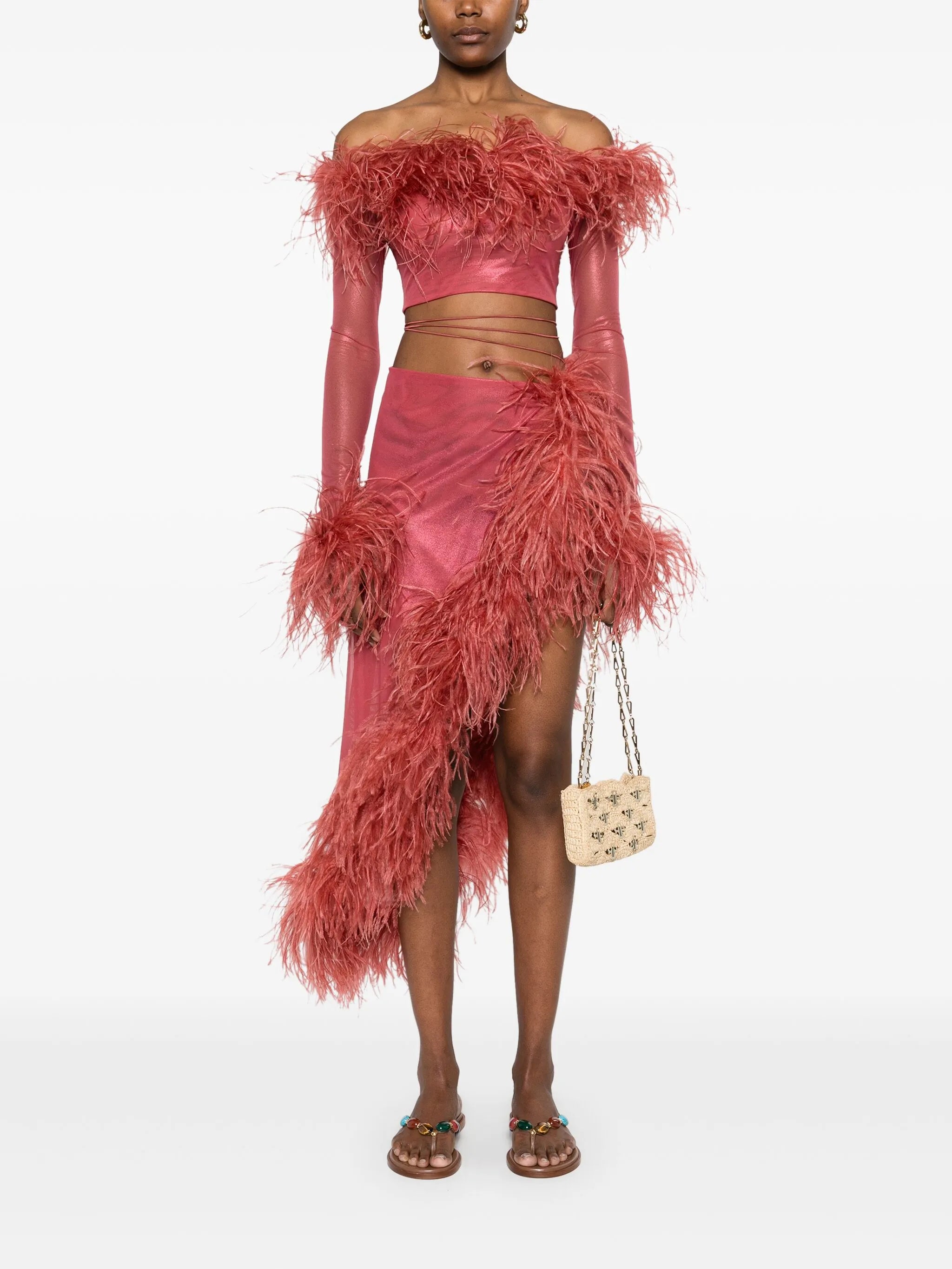 feather-trim cropped top