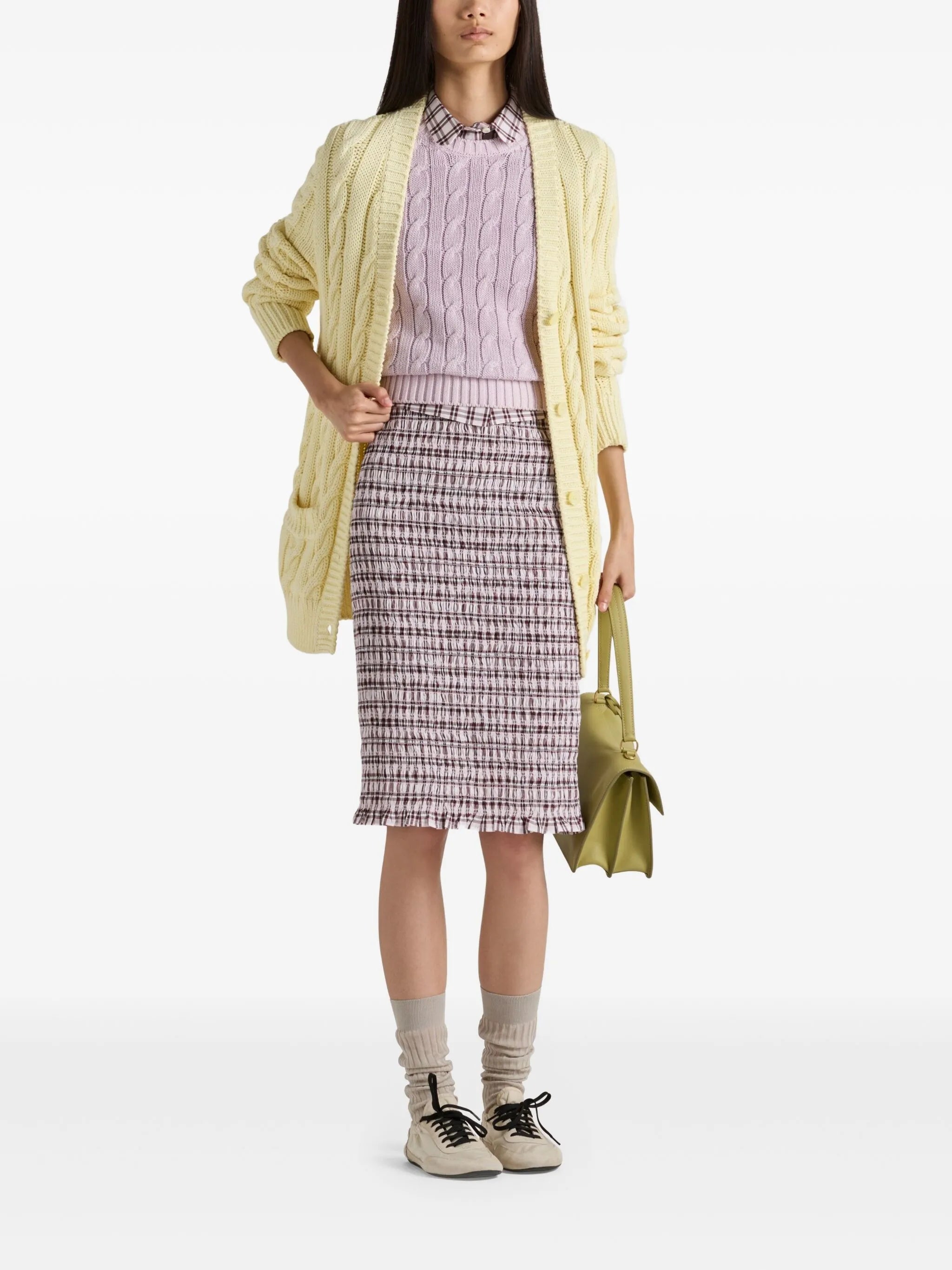 checked cotton midi skirt
