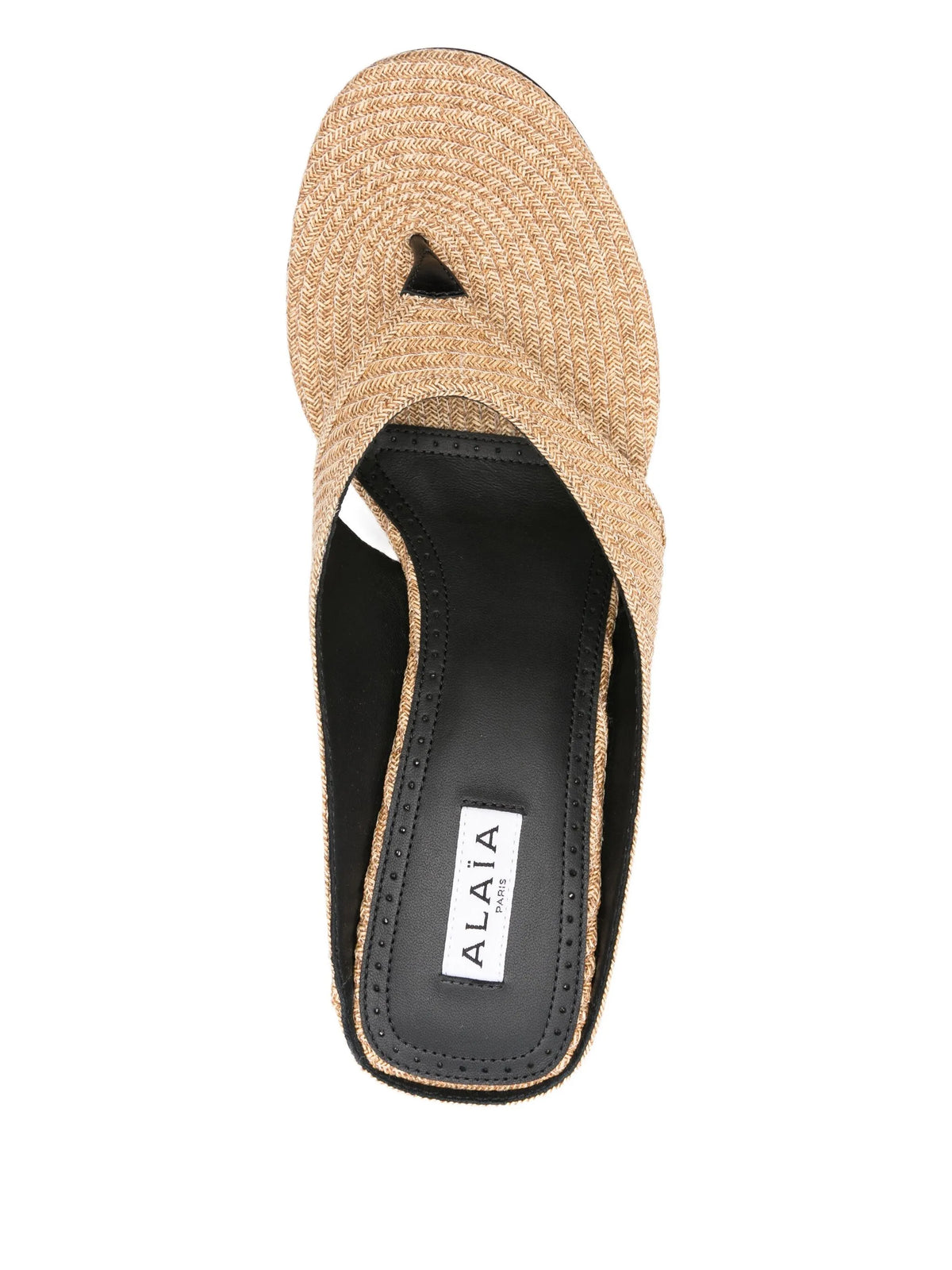 Cube thong mules in paper straw
