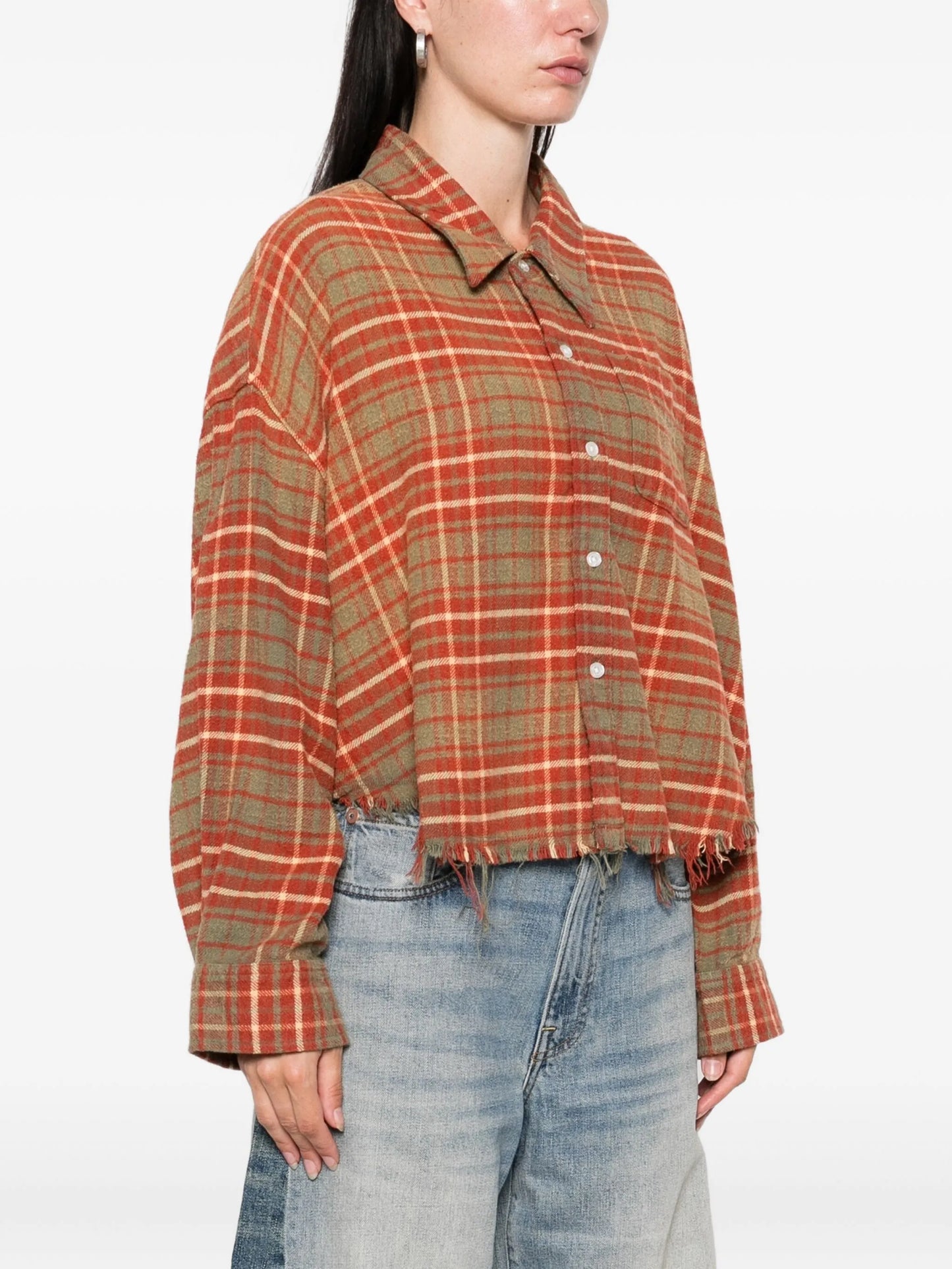 plaid frayed-hem shirt