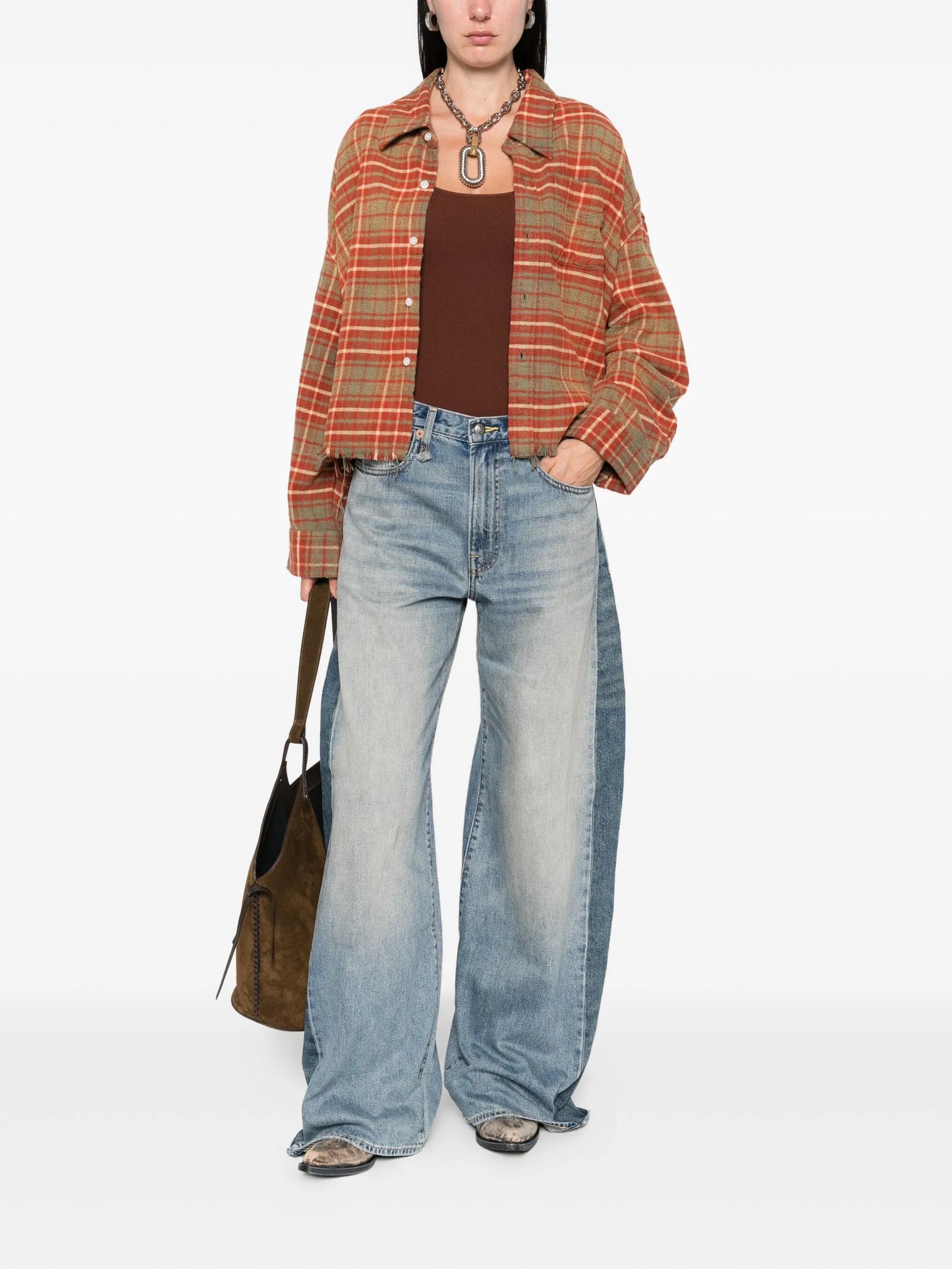 plaid frayed-hem shirt