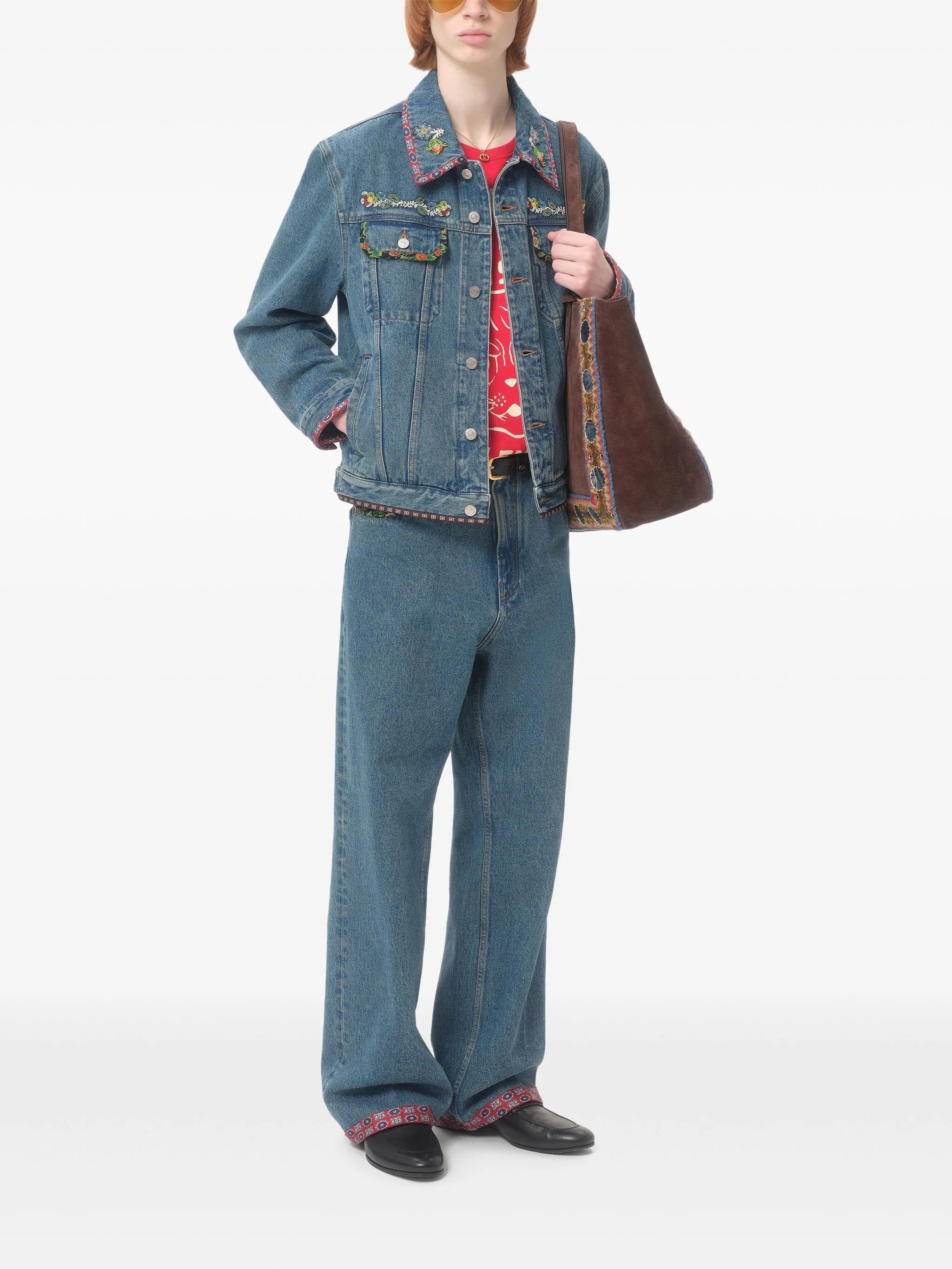 printed-trim denim jacket