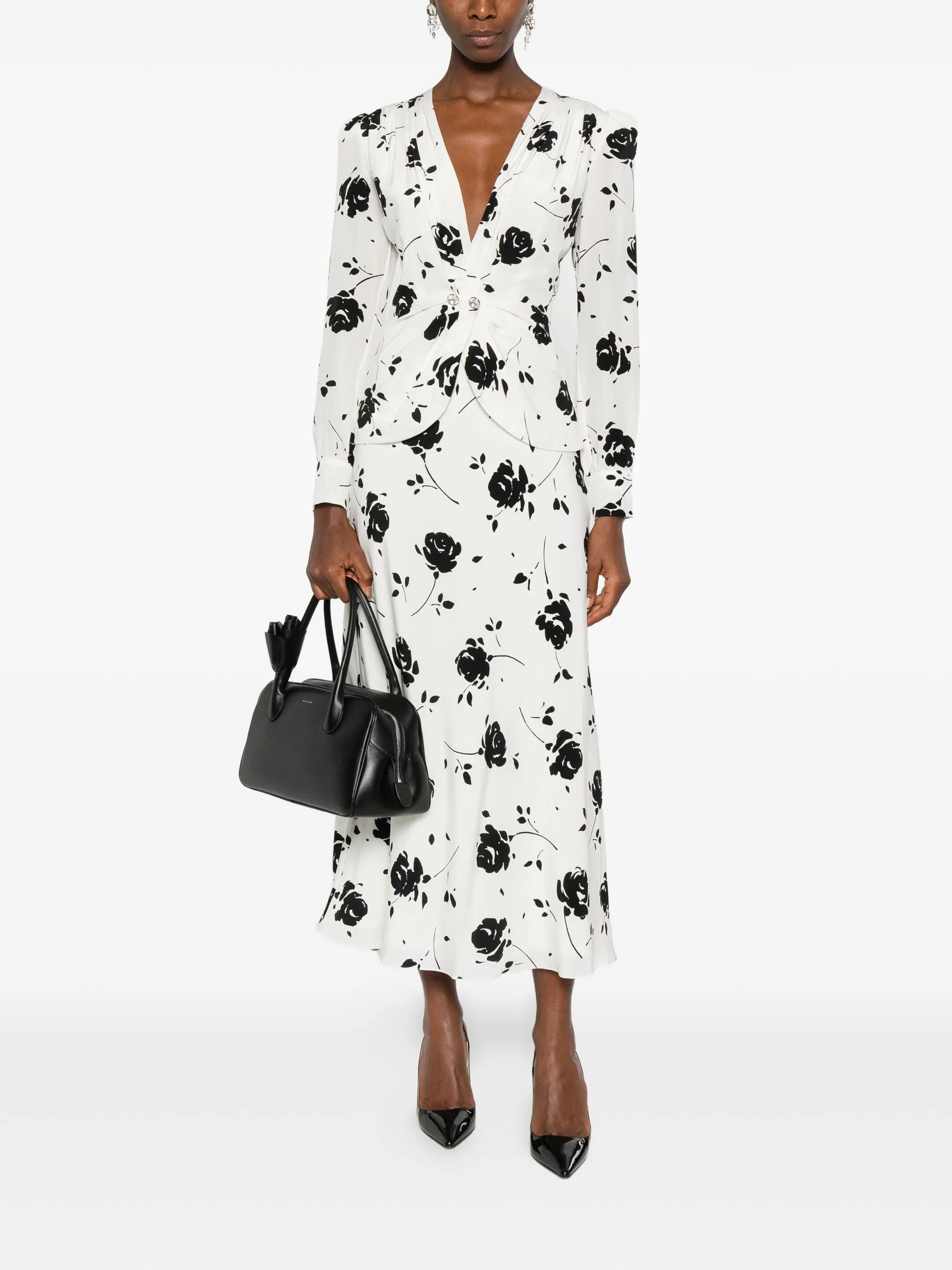 rose-print button-detail midi dress