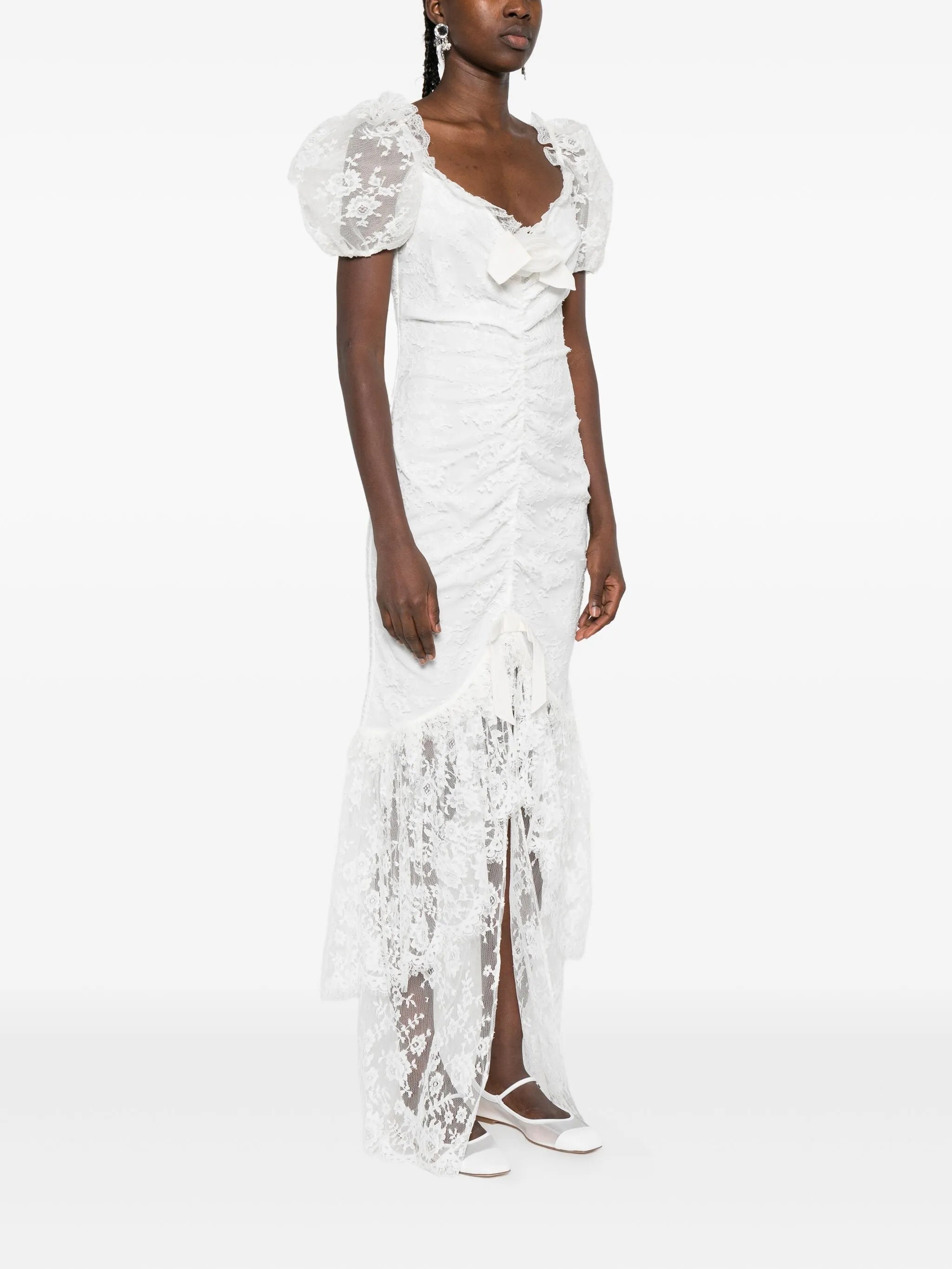puff-sleeve lace maxi dress