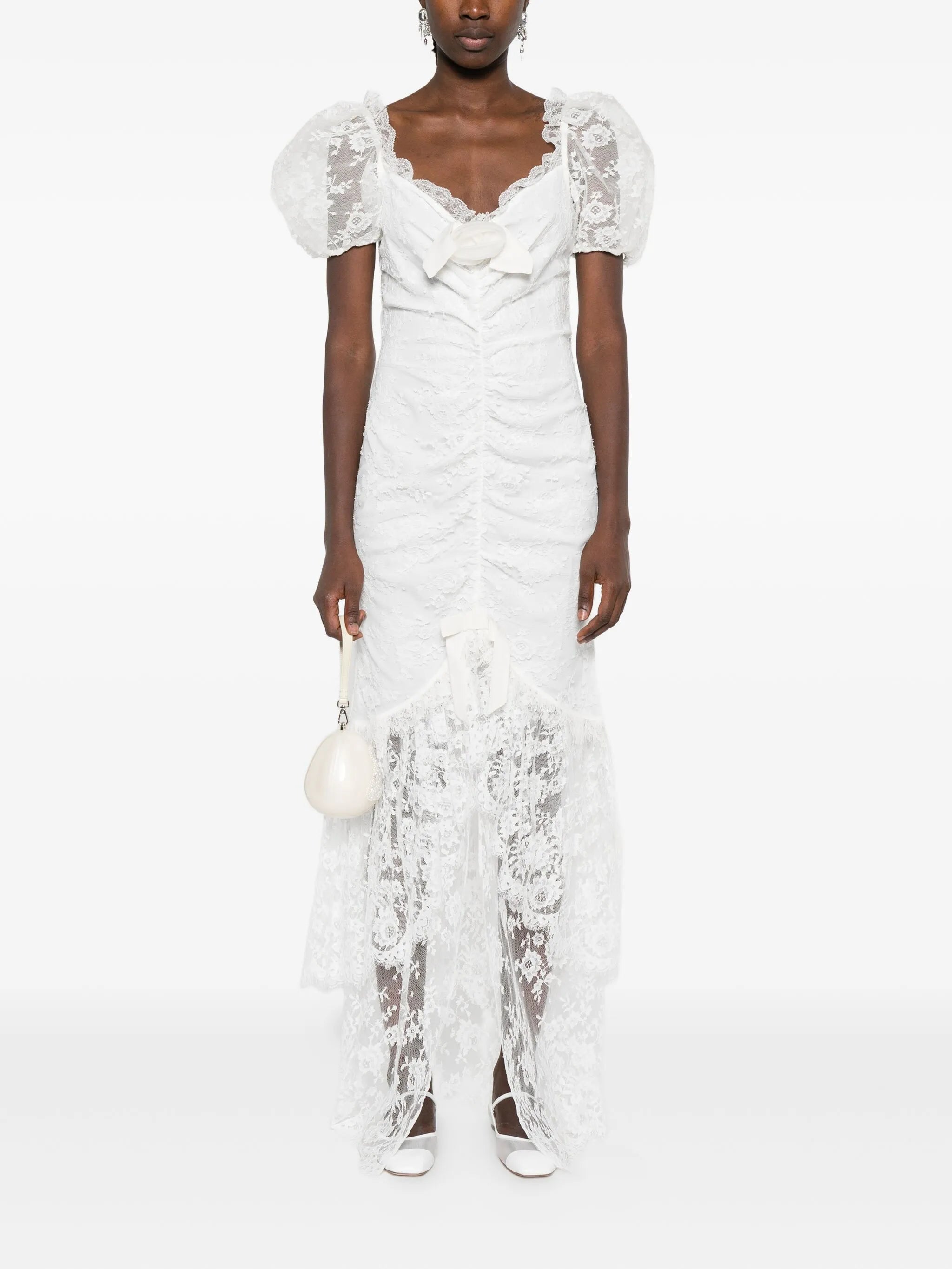 puff-sleeve lace maxi dress