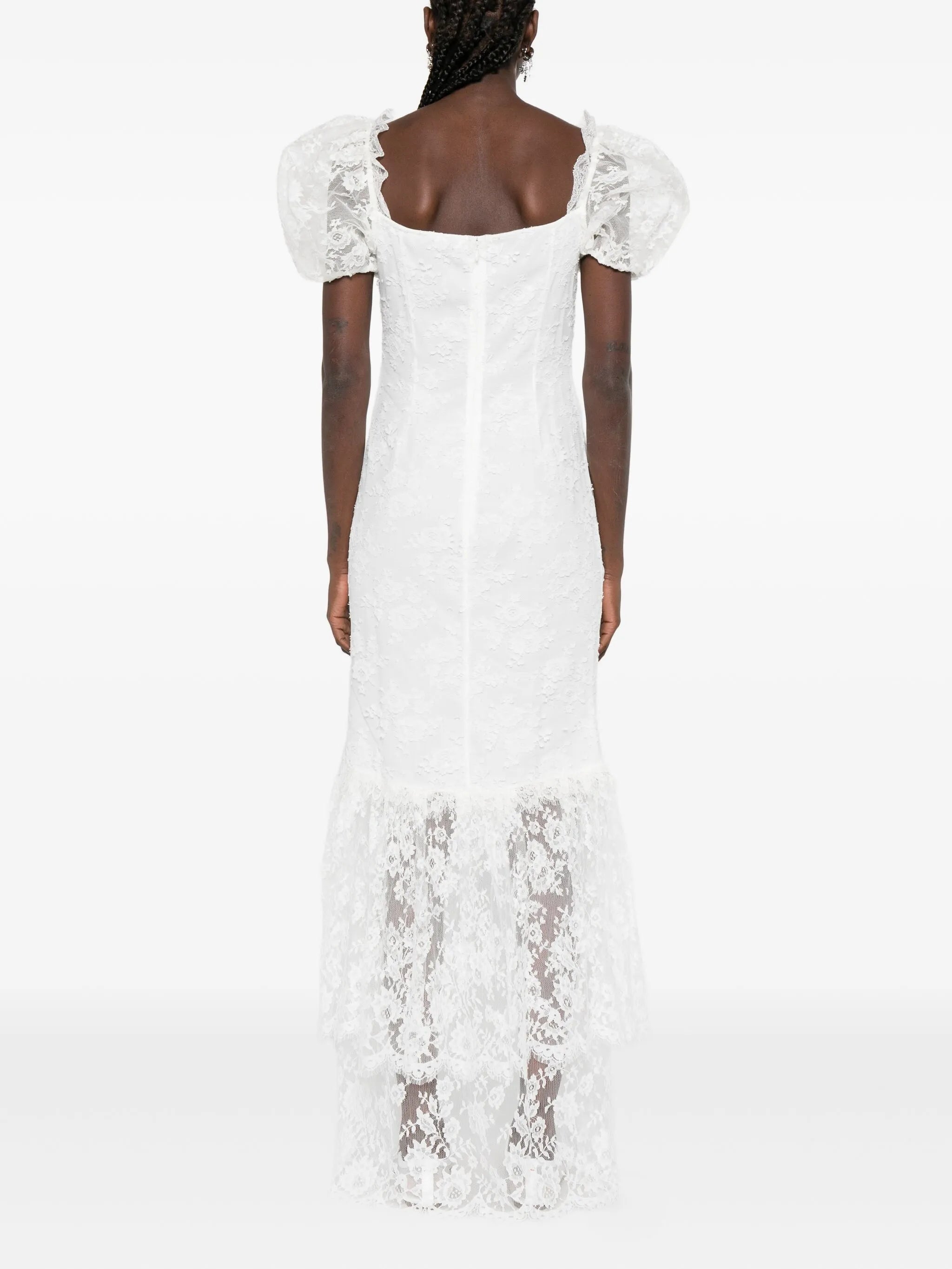 puff-sleeve lace maxi dress