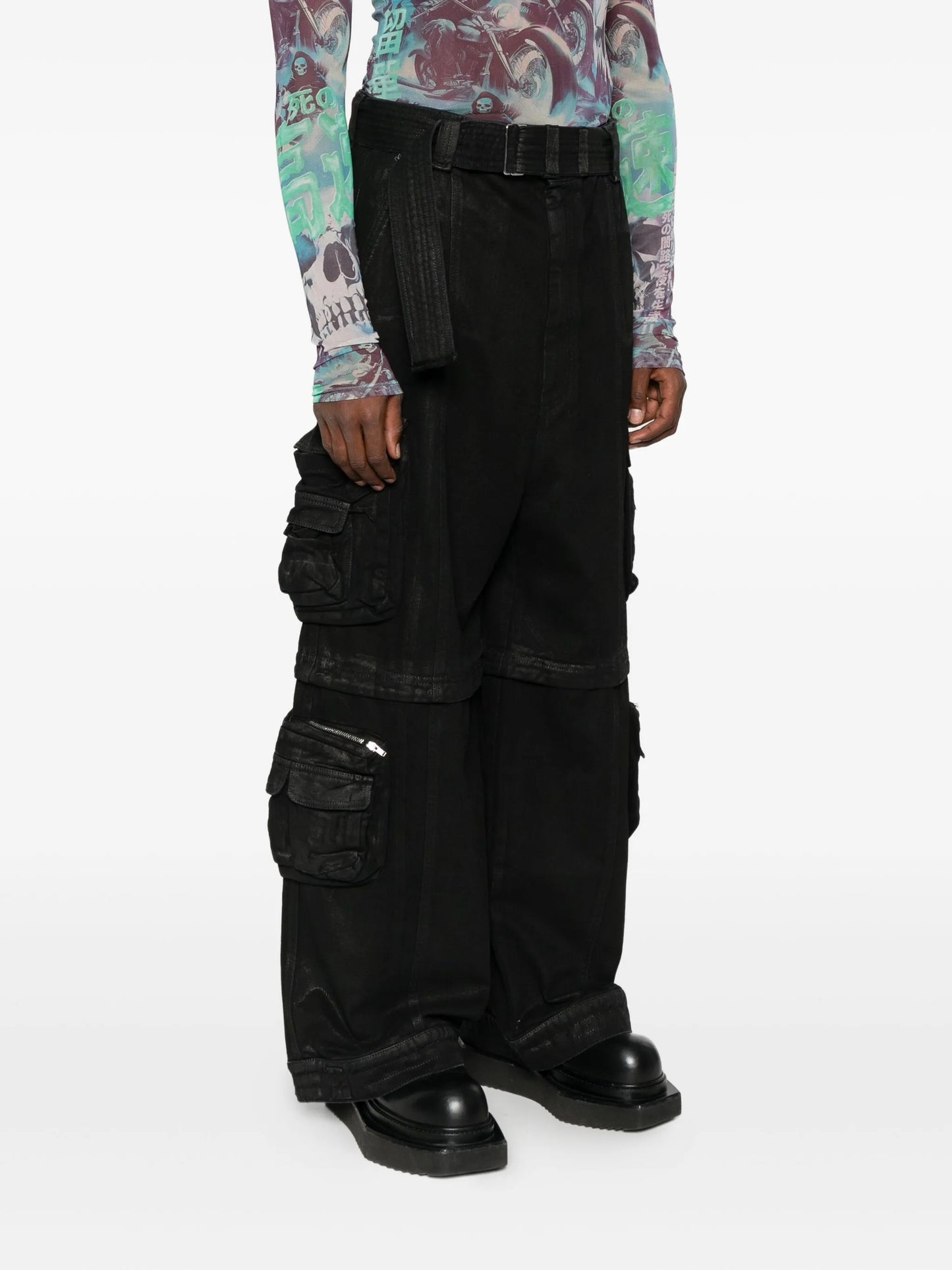 coated-finish cargo jeans