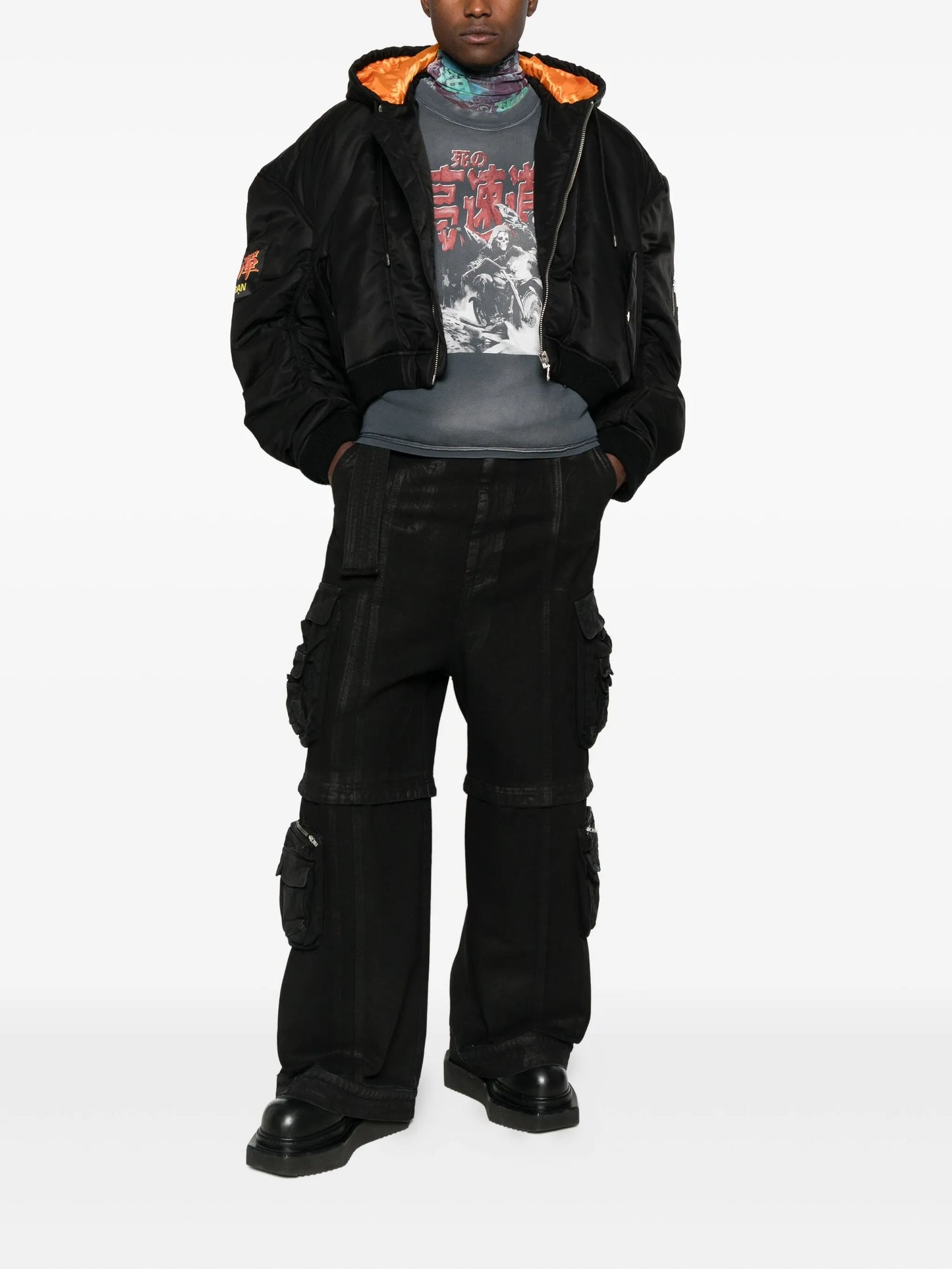 coated-finish cargo jeans