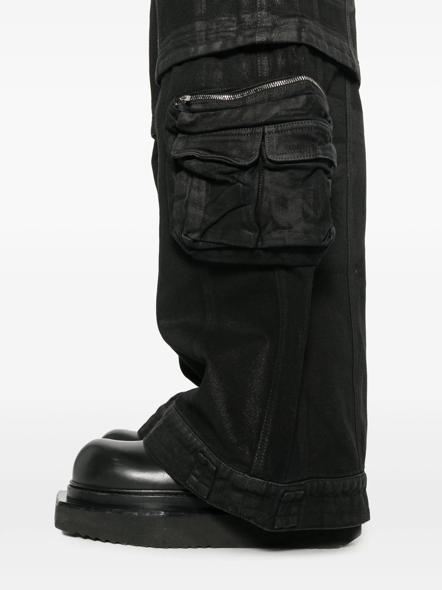 coated-finish cargo jeans