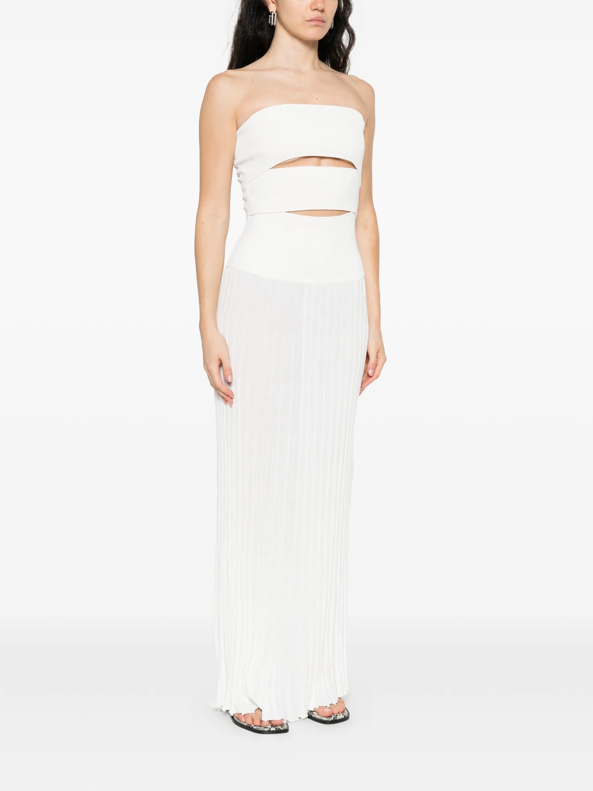 pleated strapless dress