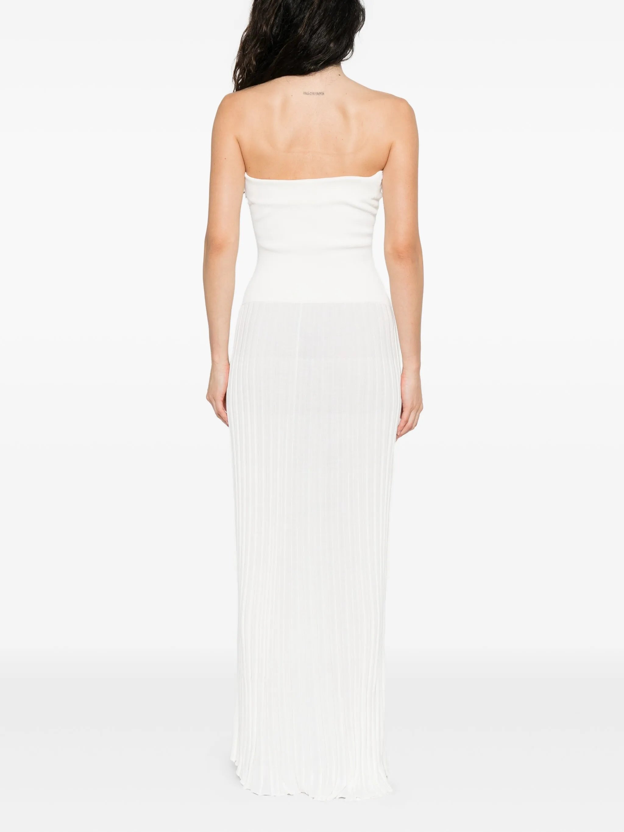 pleated strapless dress