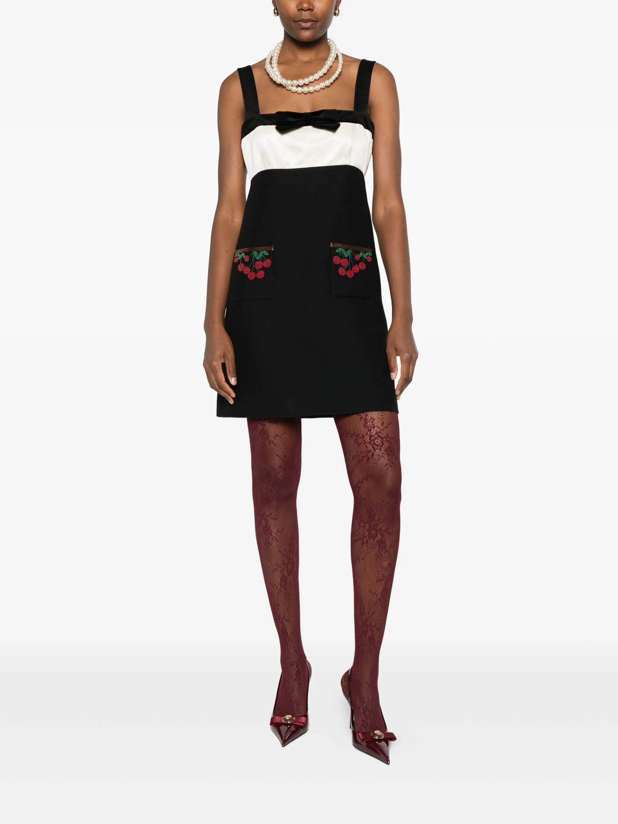 cherry-pocket bow mini dress