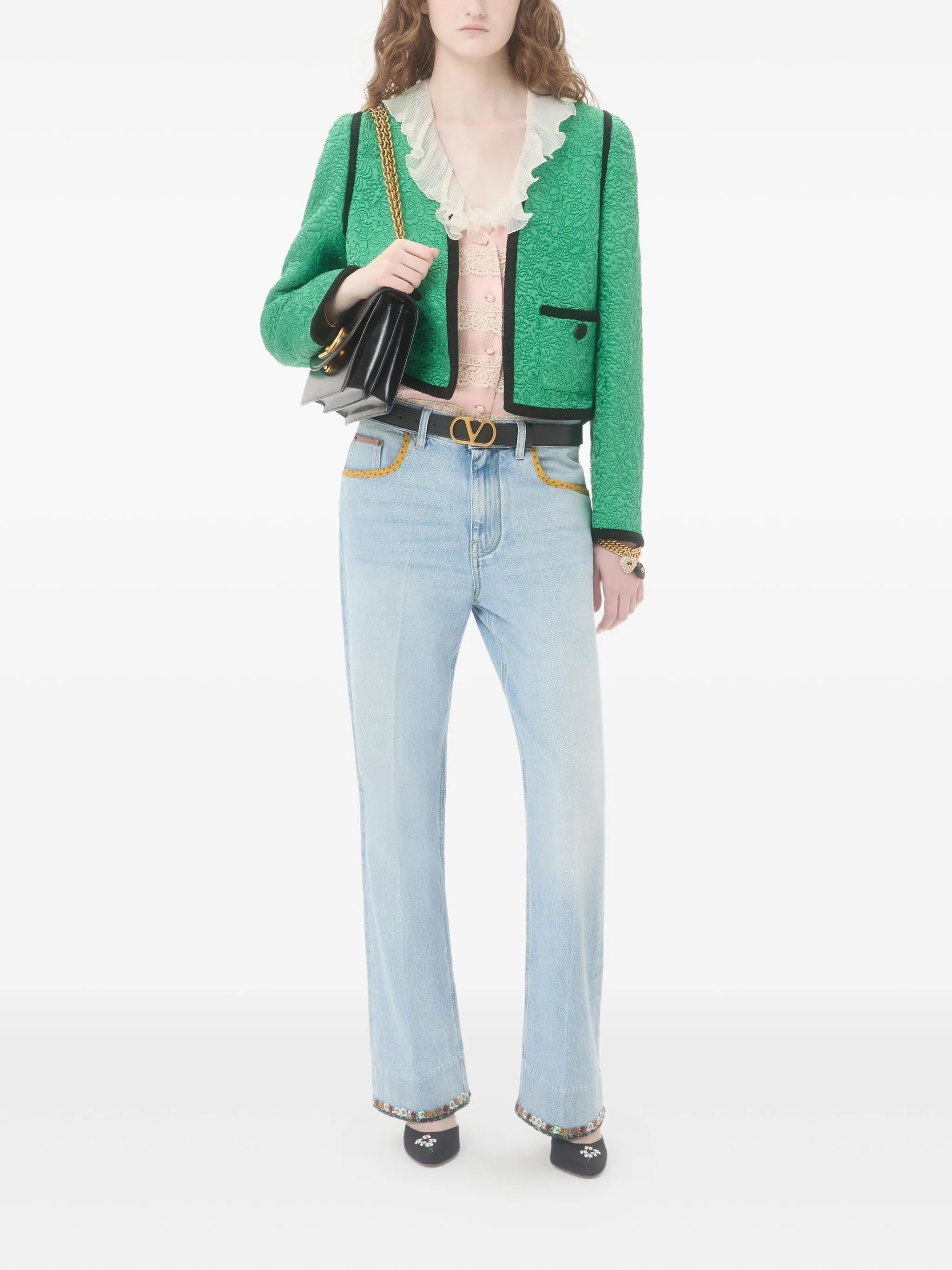 floral-hem faded jeans