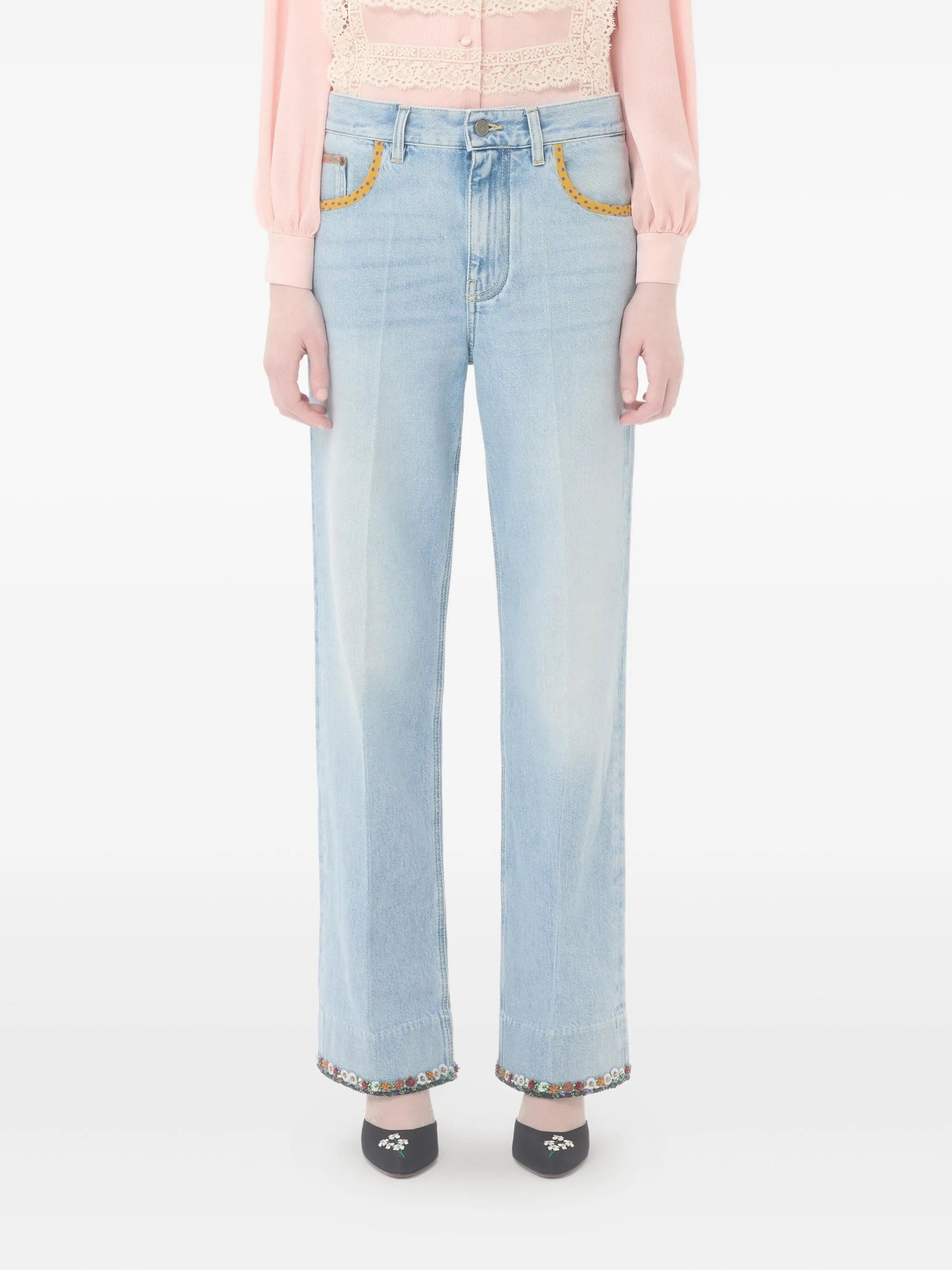 floral-hem faded jeans