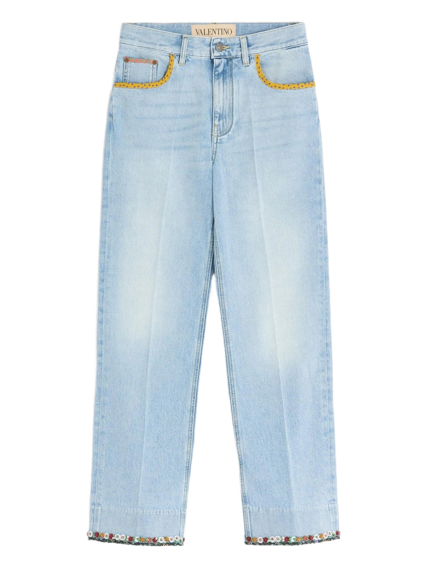 floral-hem faded jeans