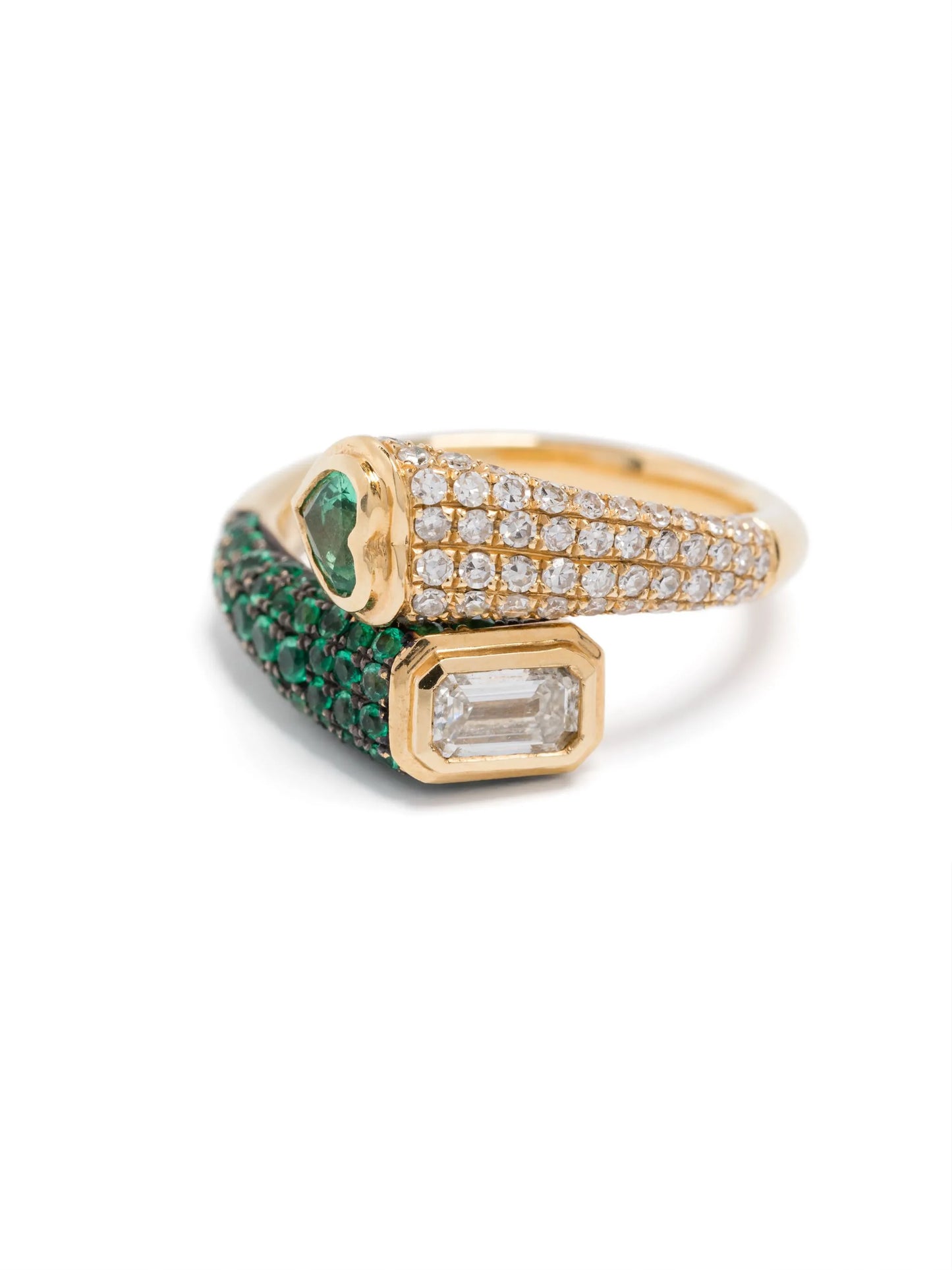 18K yellow gold Mixed Bypass diamond and emerald pinky ring