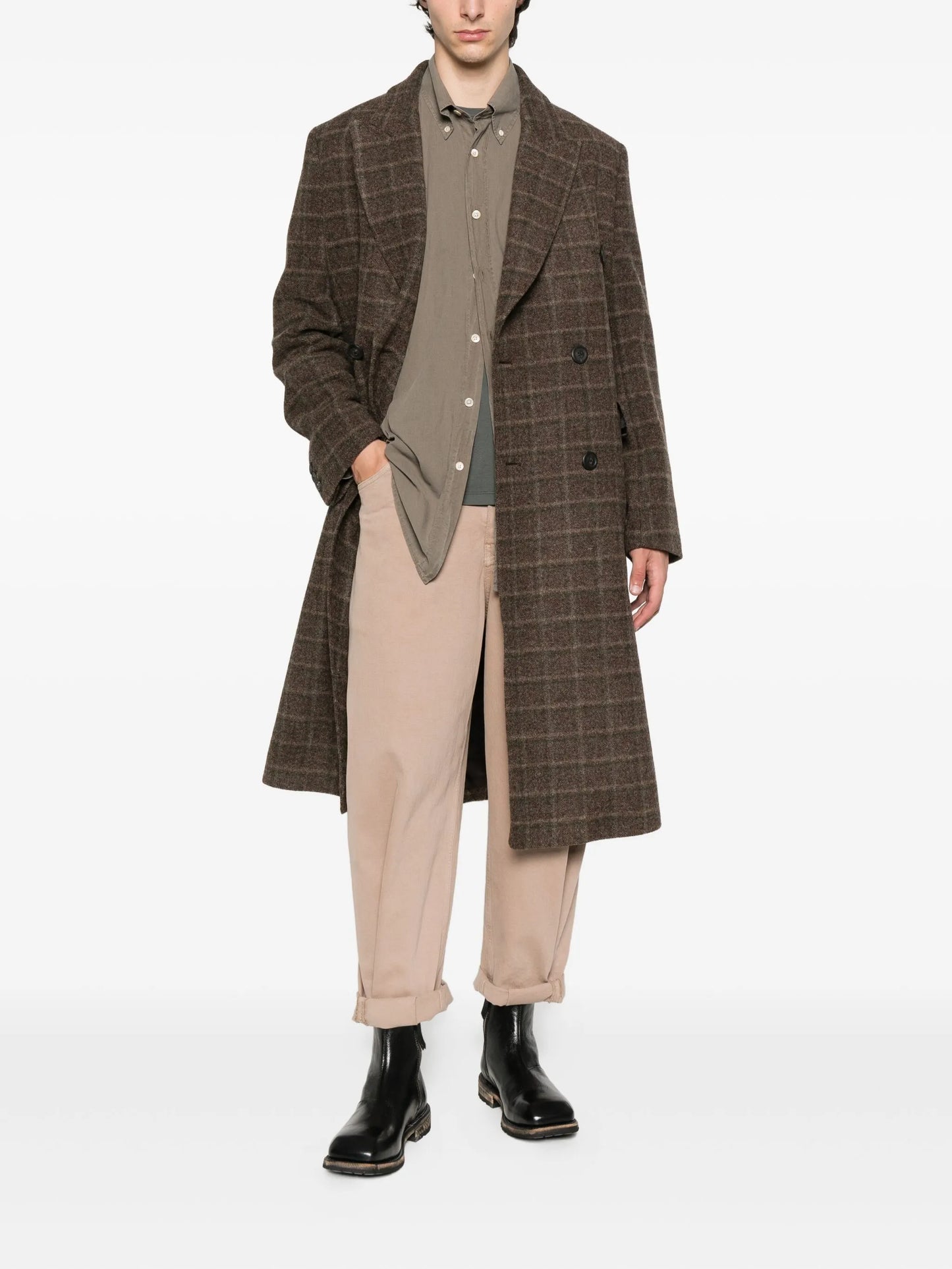 checked double-breasted coat