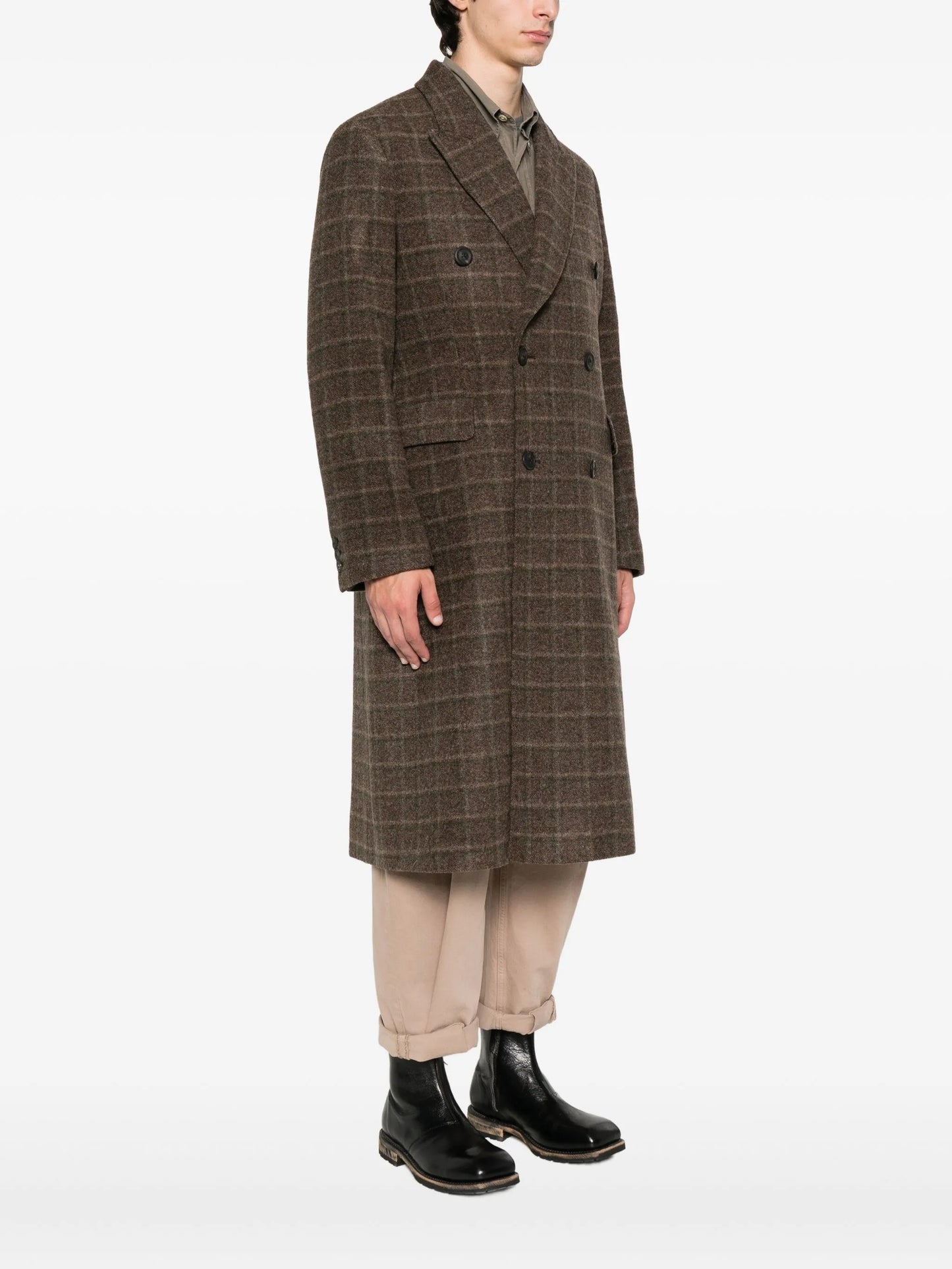 checked double-breasted coat