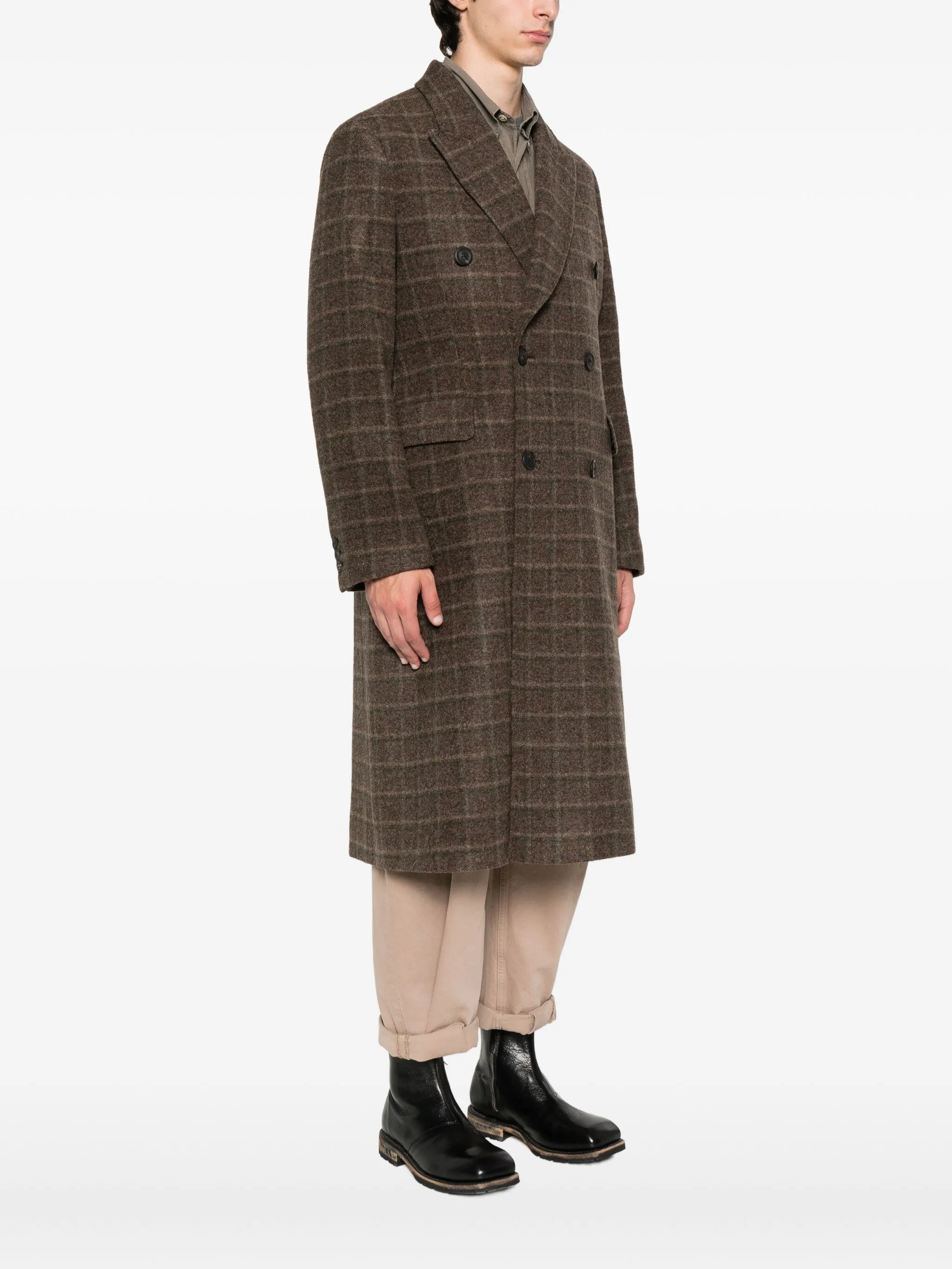 checked double-breasted coat