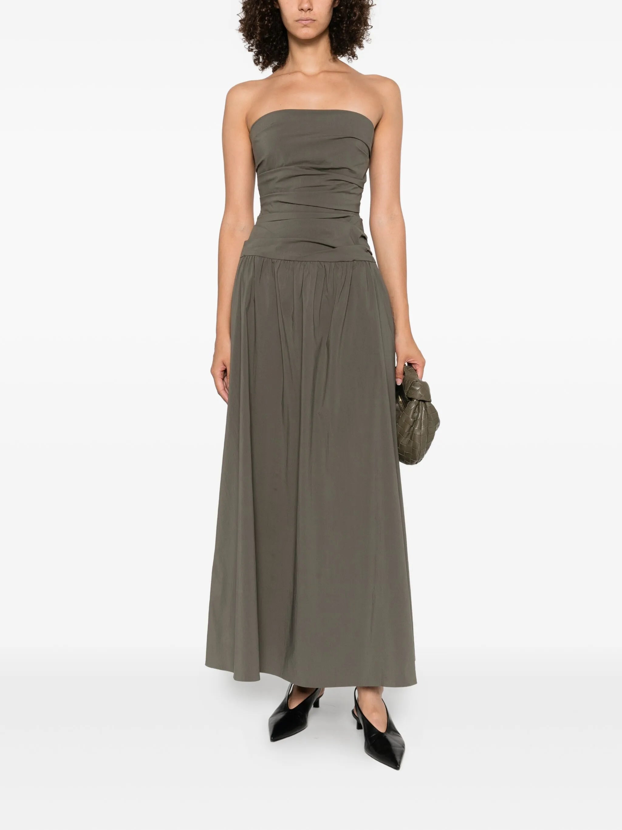gathered-detail strapless midi dress