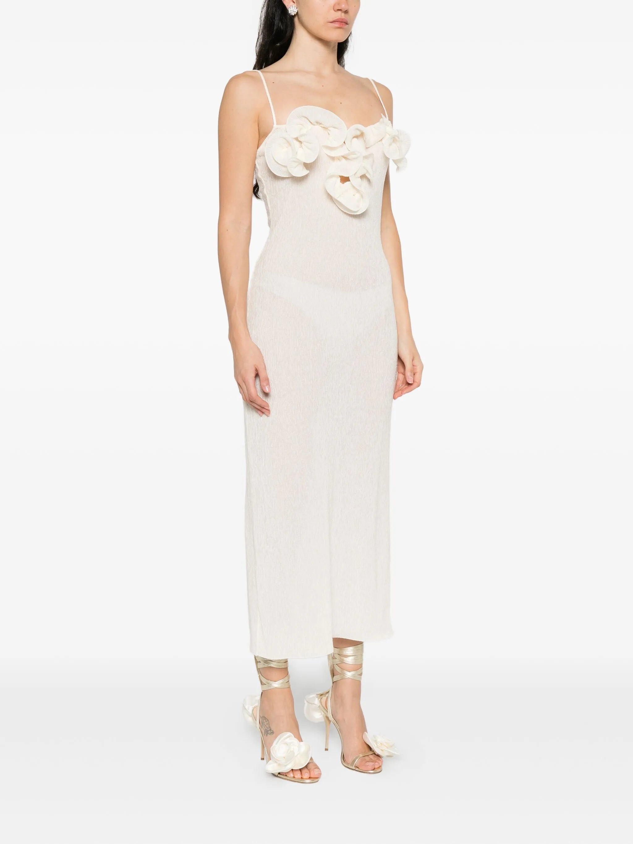 floral-appliqué midi dress