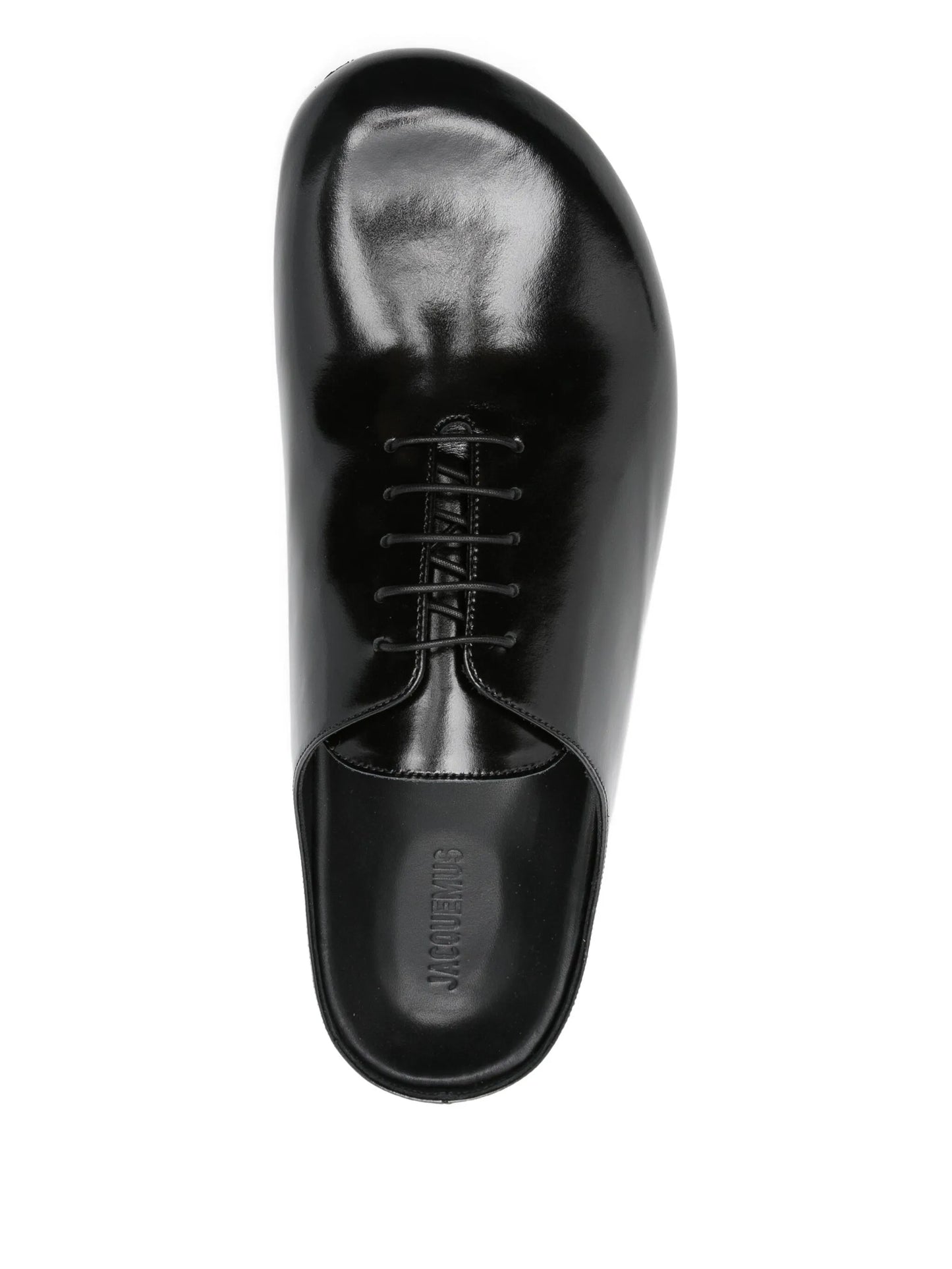 lace-up patent leather mules