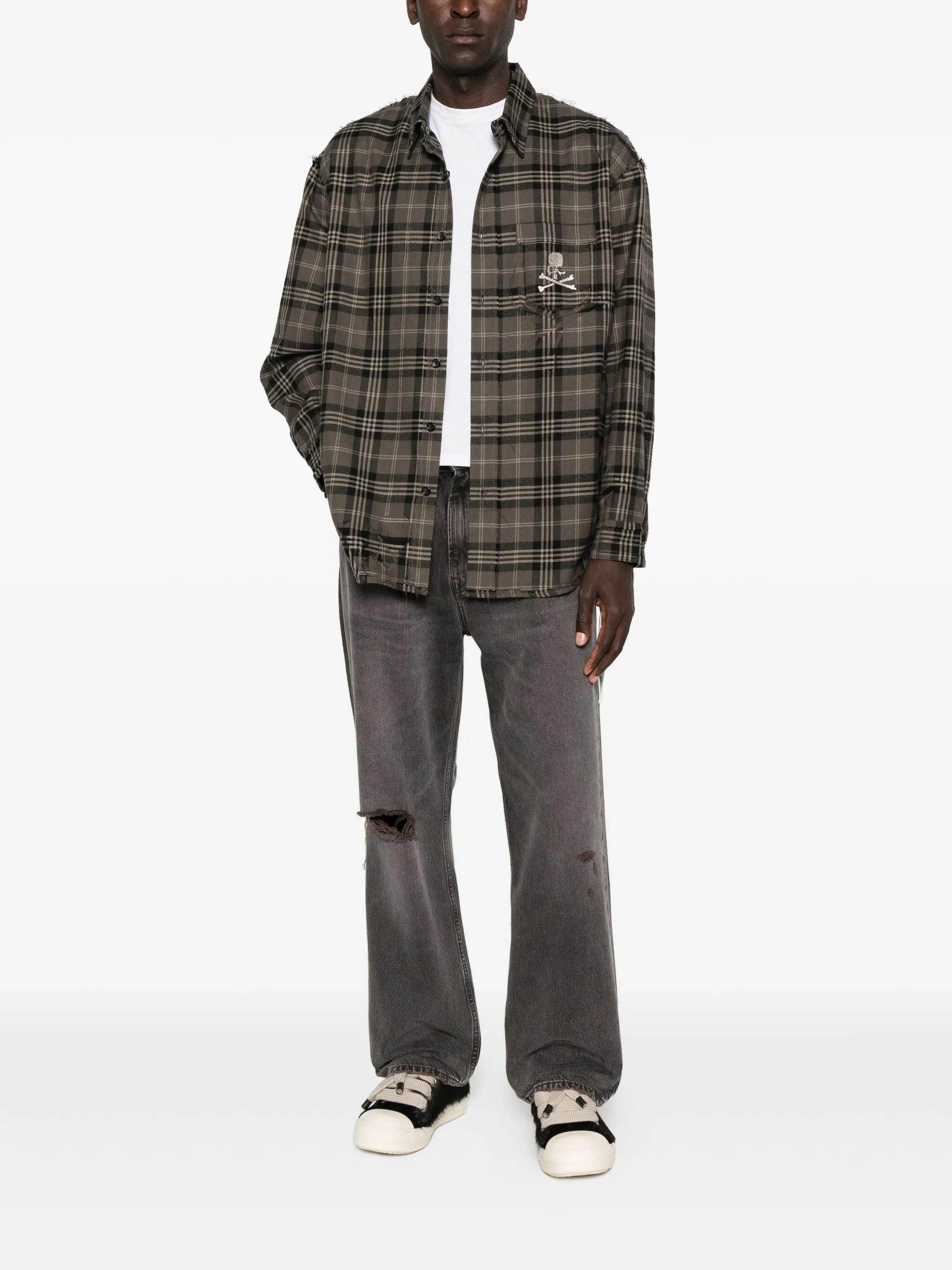 skull-embroidered plaid shirt
