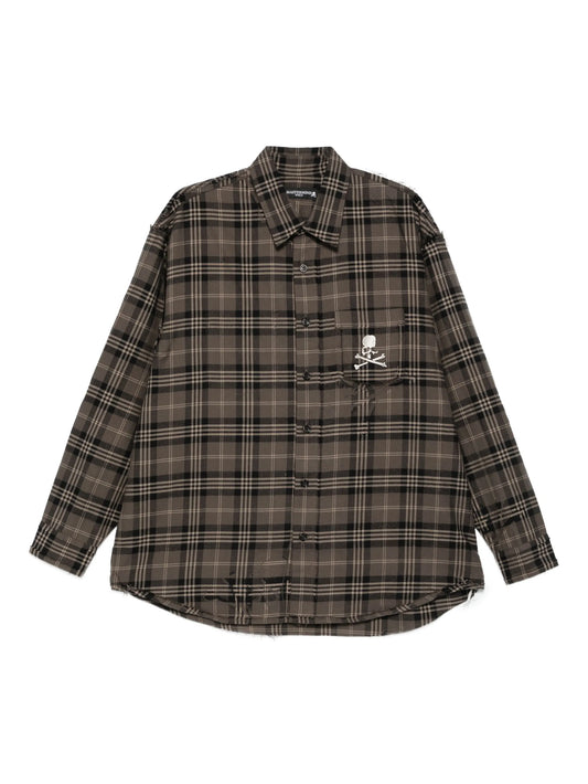 skull-embroidered plaid shirt