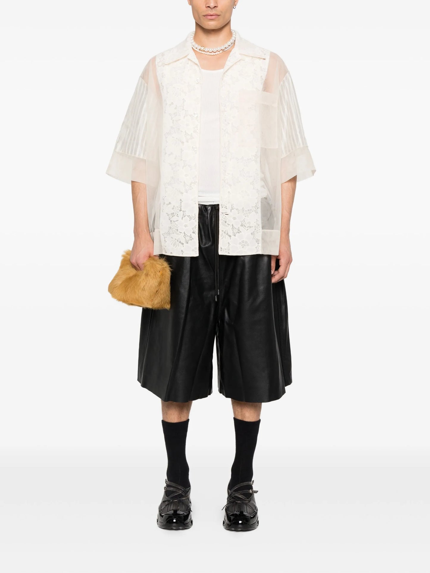 lace-panel striped shirt