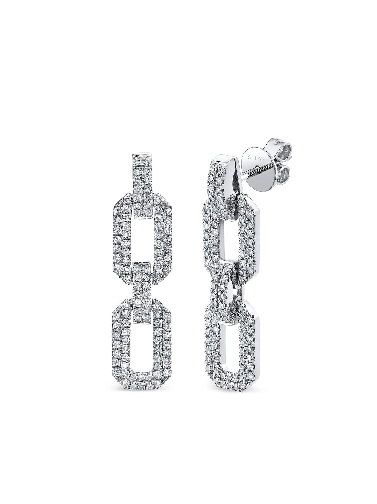 18K white gold flat geo link diamond earrings