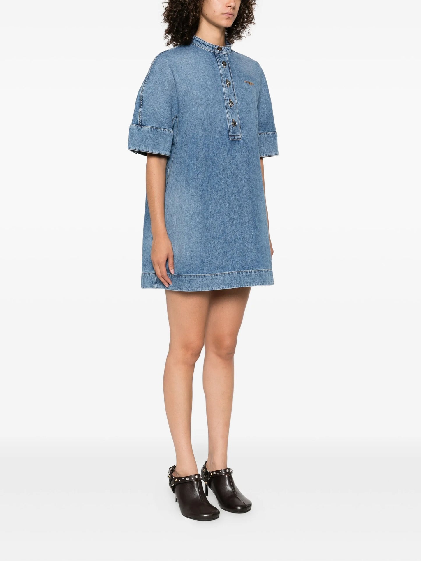 embroidered button-placket mini dress