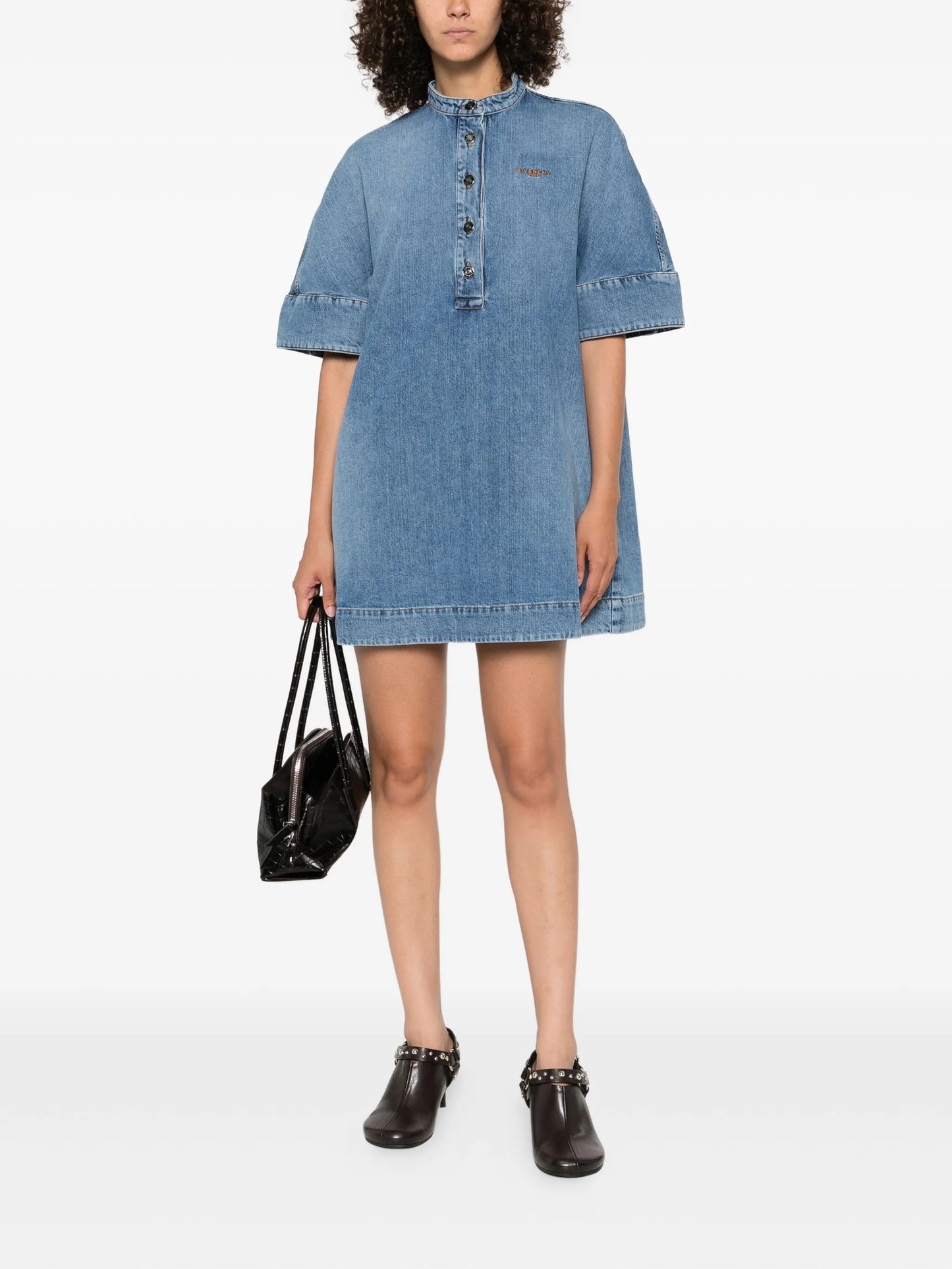 embroidered button-placket mini dress