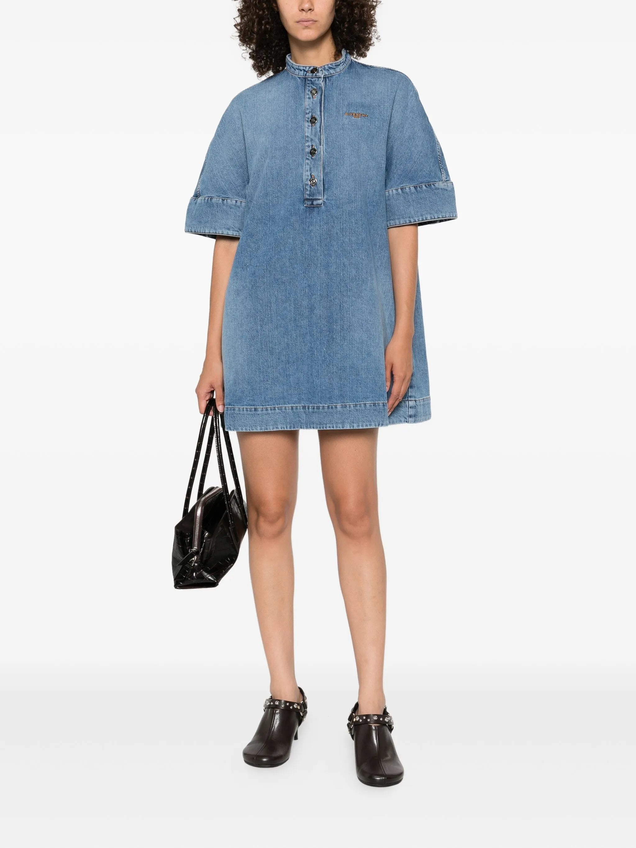 embroidered button-placket mini dress