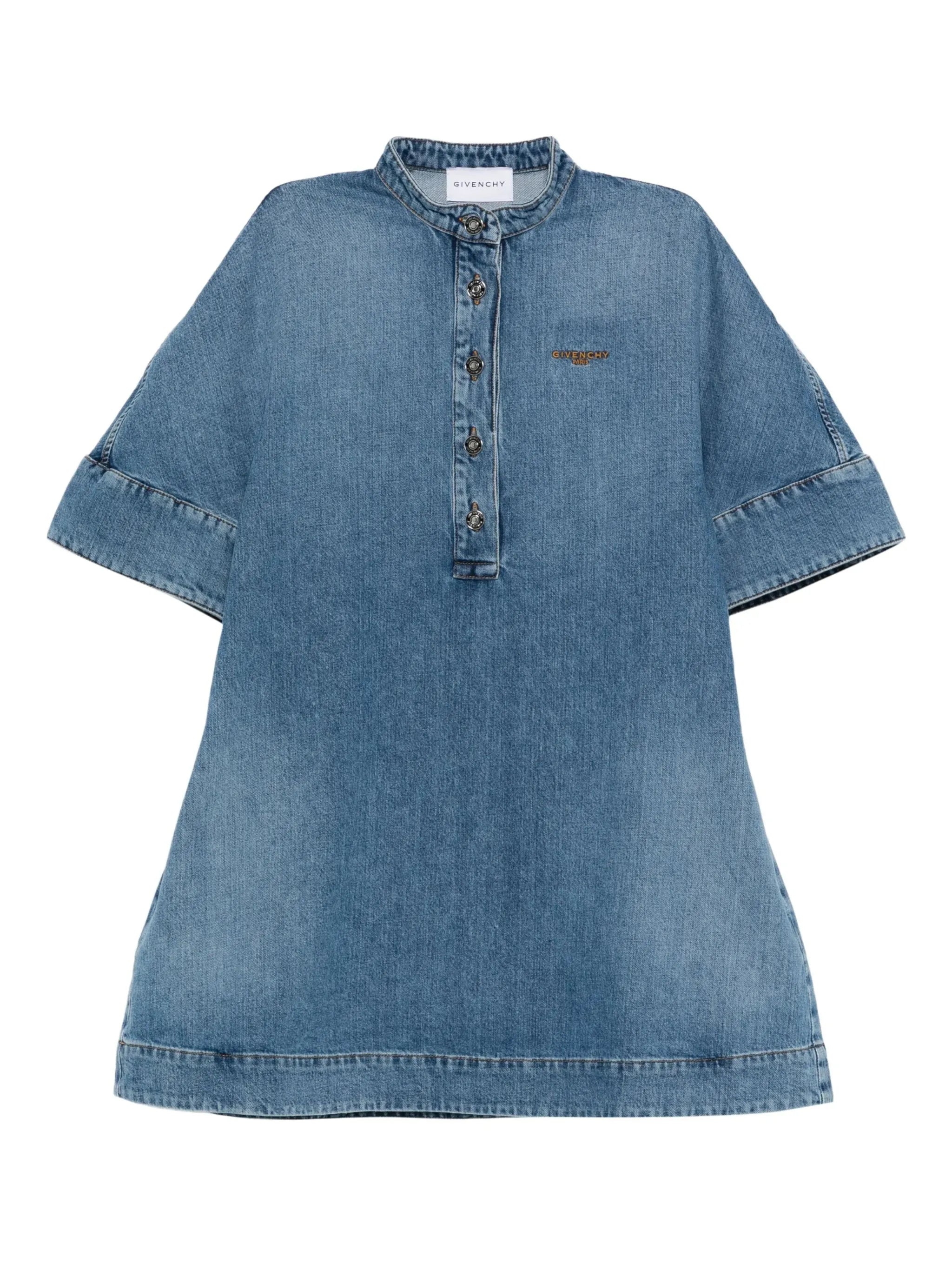 embroidered button-placket mini dress