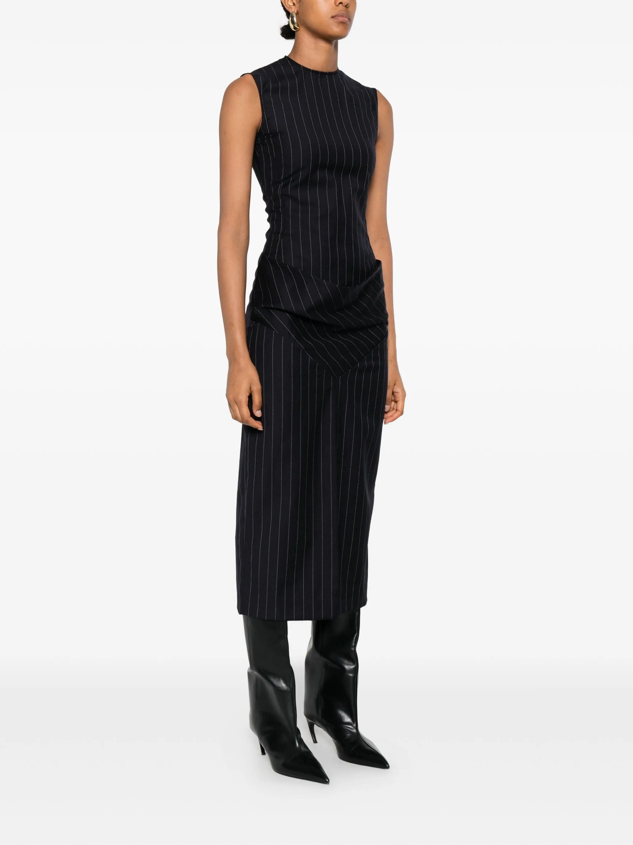 striped-patern sleeveless midi dress