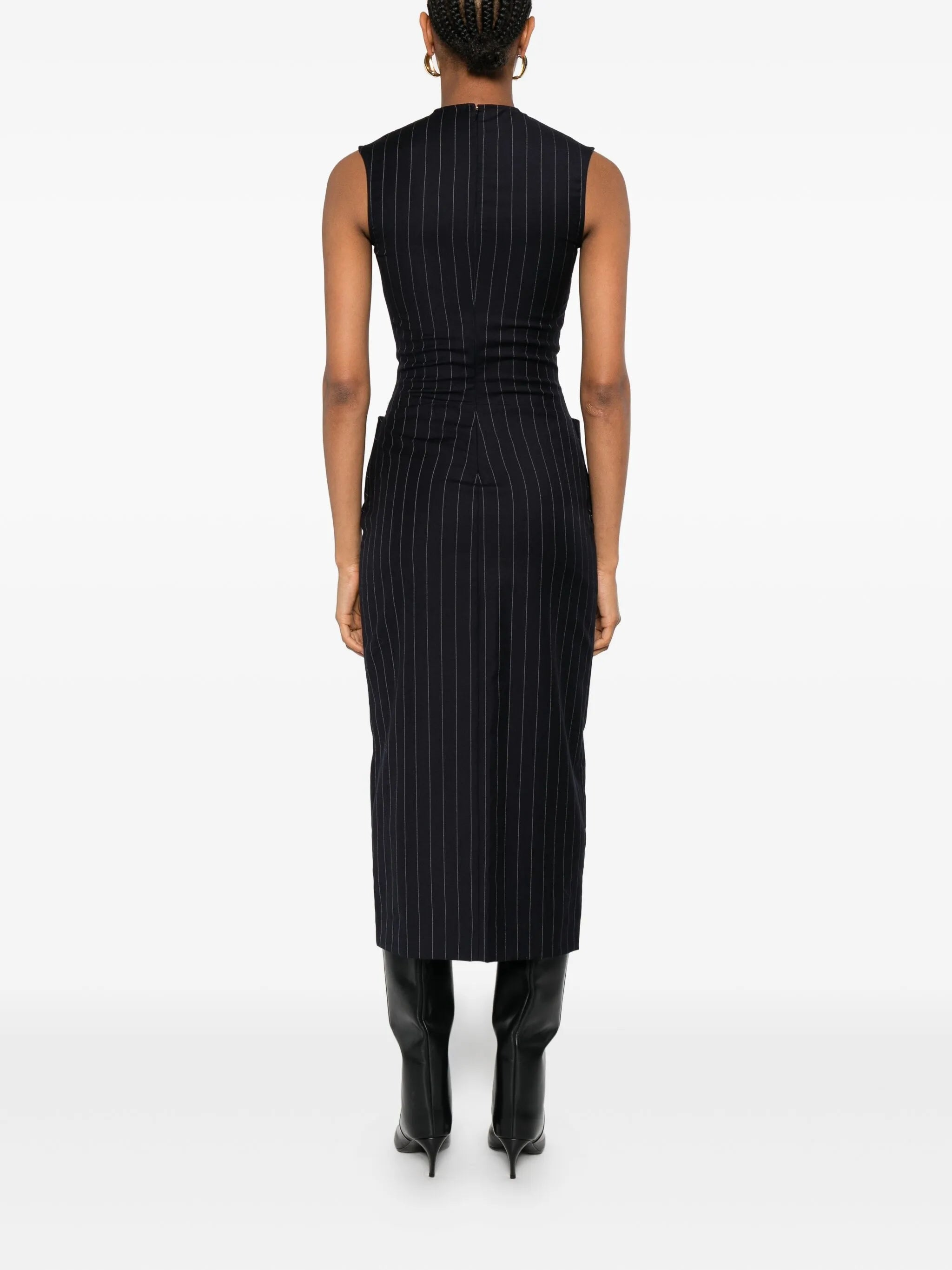 striped-patern sleeveless midi dress