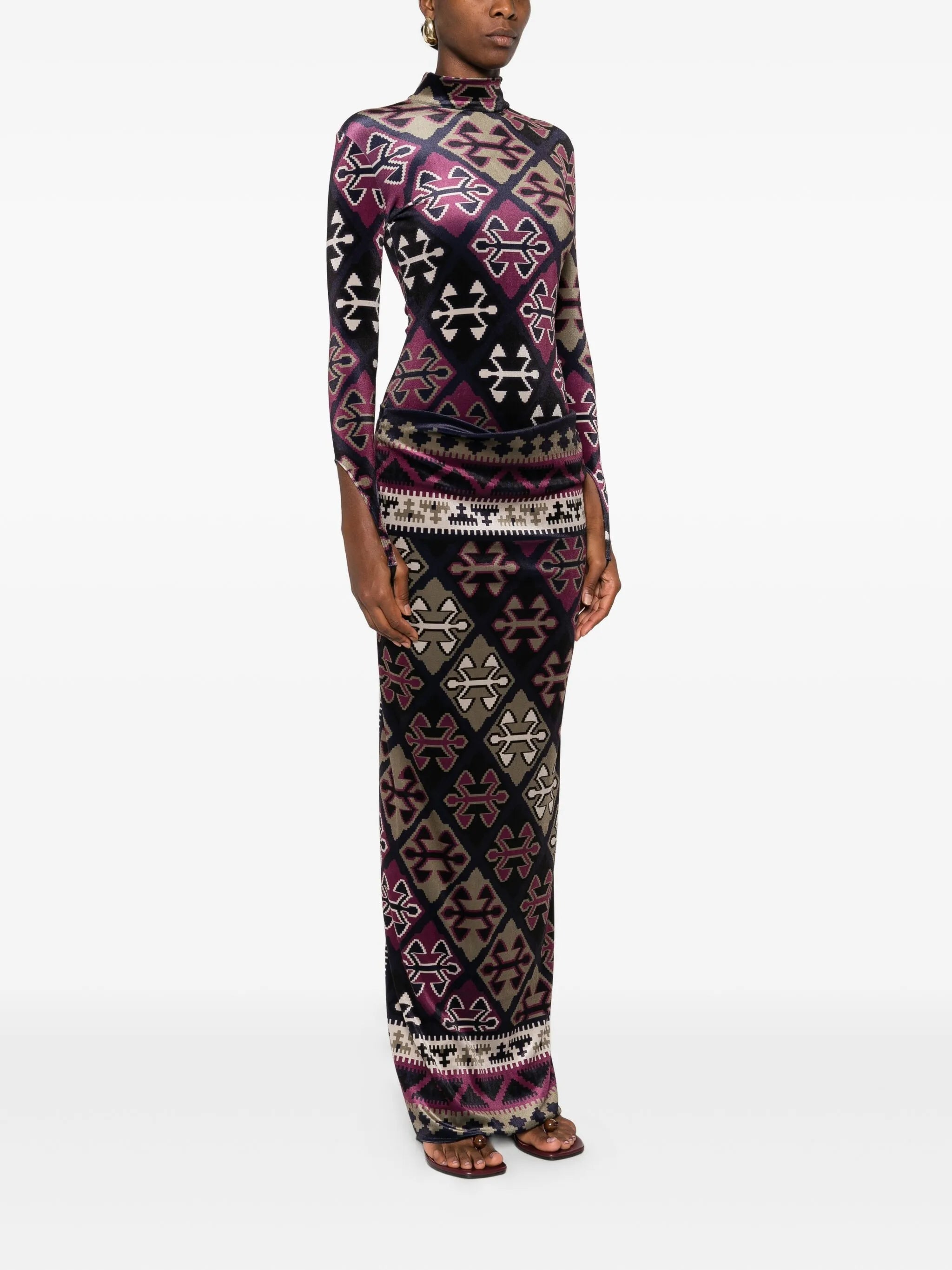 carpet-printed velvet maxi dress