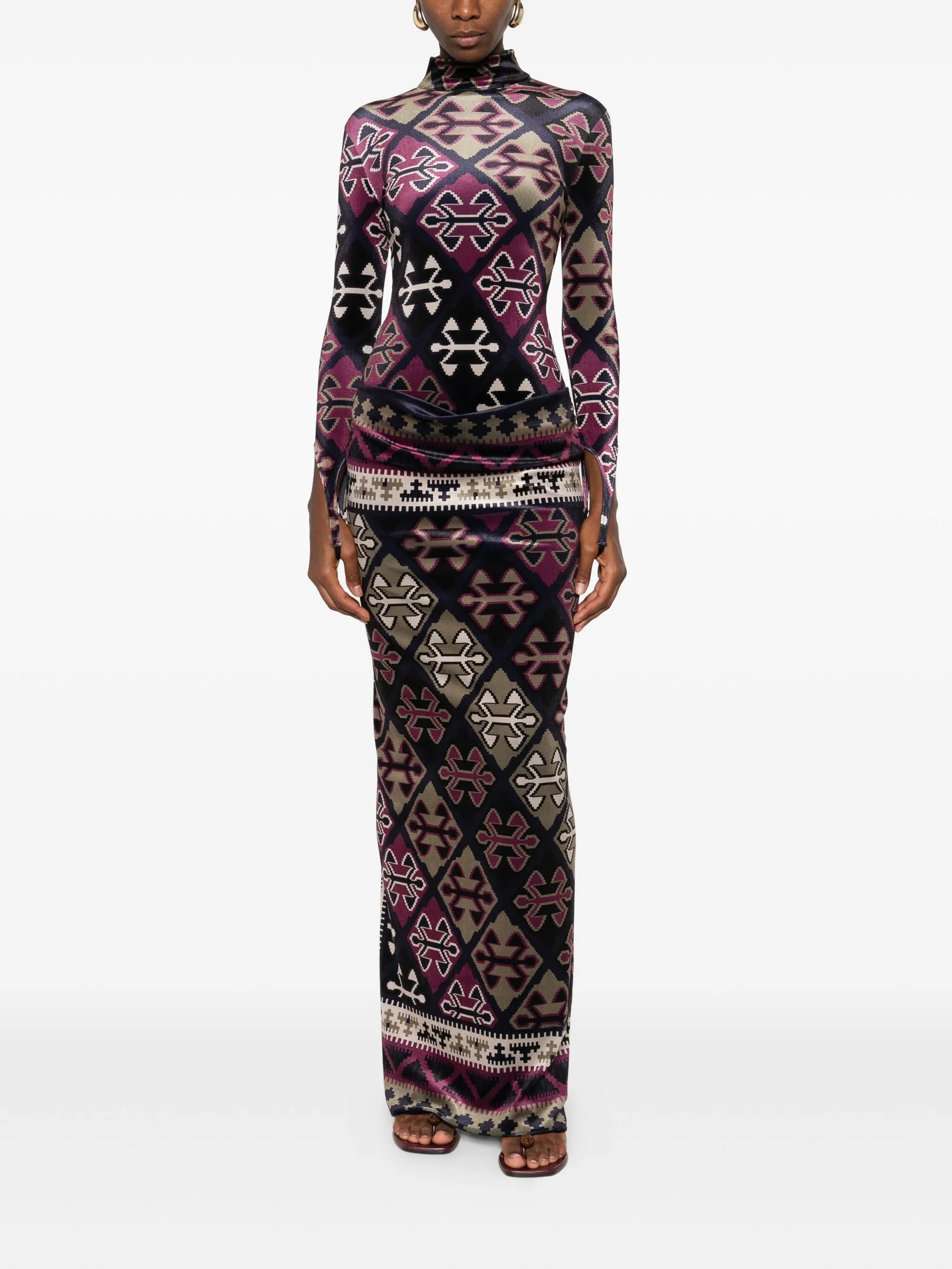 carpet-printed velvet maxi dress
