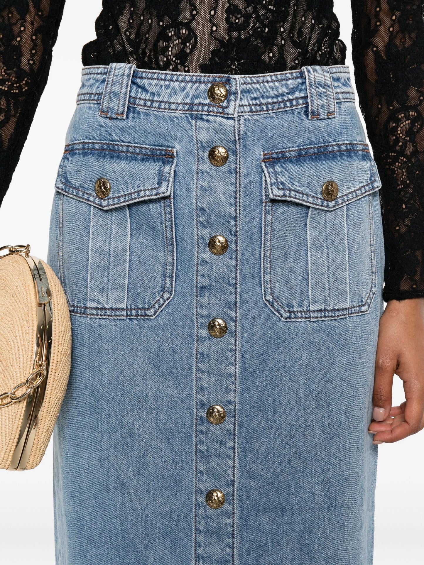 button-front flap-pocket skirt
